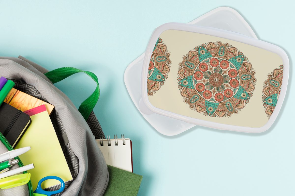 weiß Jungs und Brotdose, - MuchoWow für Muster - Pfau, Mandala (2-tlg), und Brotbox für Lunchbox Erwachsene, Kinder Mädchen Kunststoff,