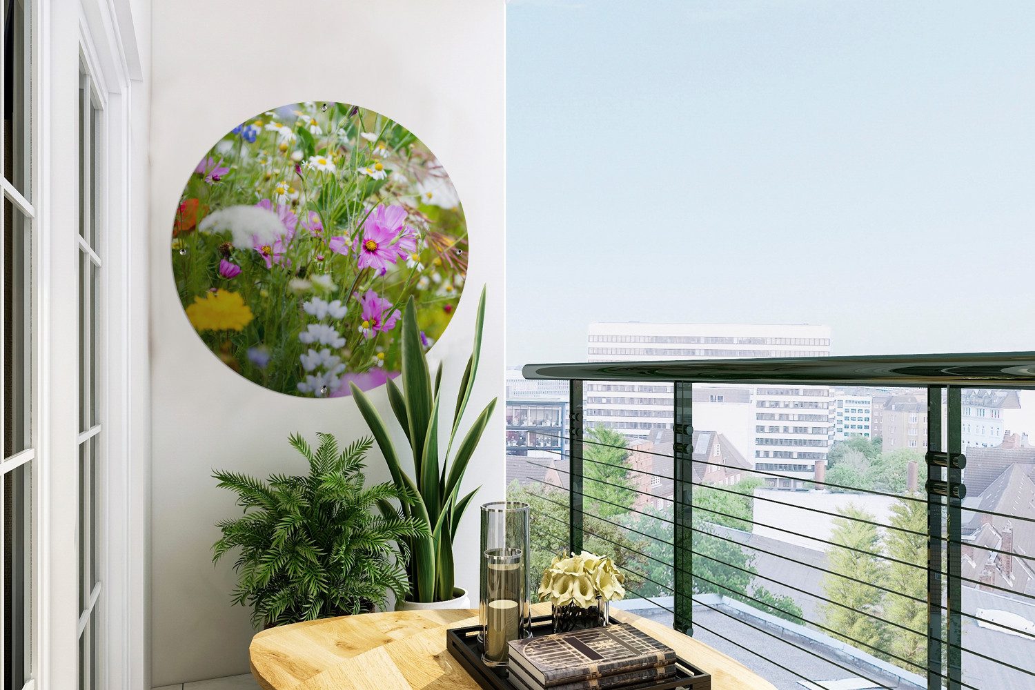 OnlyWow Poster für Garten Blumen - Natur - Grün - Gras - Lila - Weiß, Gartenposter, Outdoor Bilder, Wetterfest, Garten Deko, 60x60 cm