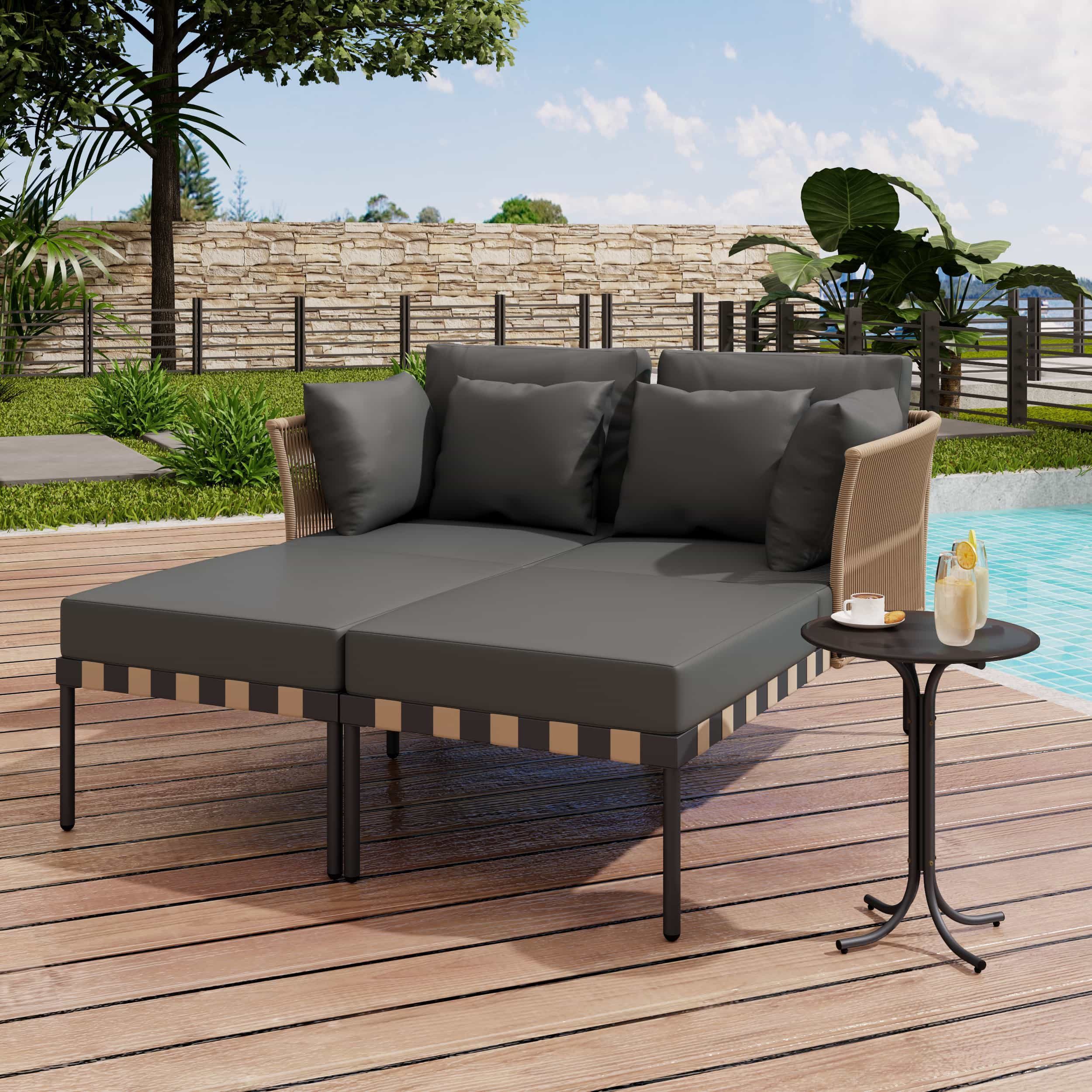 Yemaster Gartenlounge-Set Modulares Outdoor Gartensofa-Set mit 2 Loungesesseln & Couchtisch, (wetterfester Rahmen aus verzinktem Eisen, 12 cm dicke Sitzkissen, Seilgeflecht-Rückenlehne & 4 Dekokissen, abnehm- & waschbare Bezüge, ideal für Terrasse, Balkon & Garten)