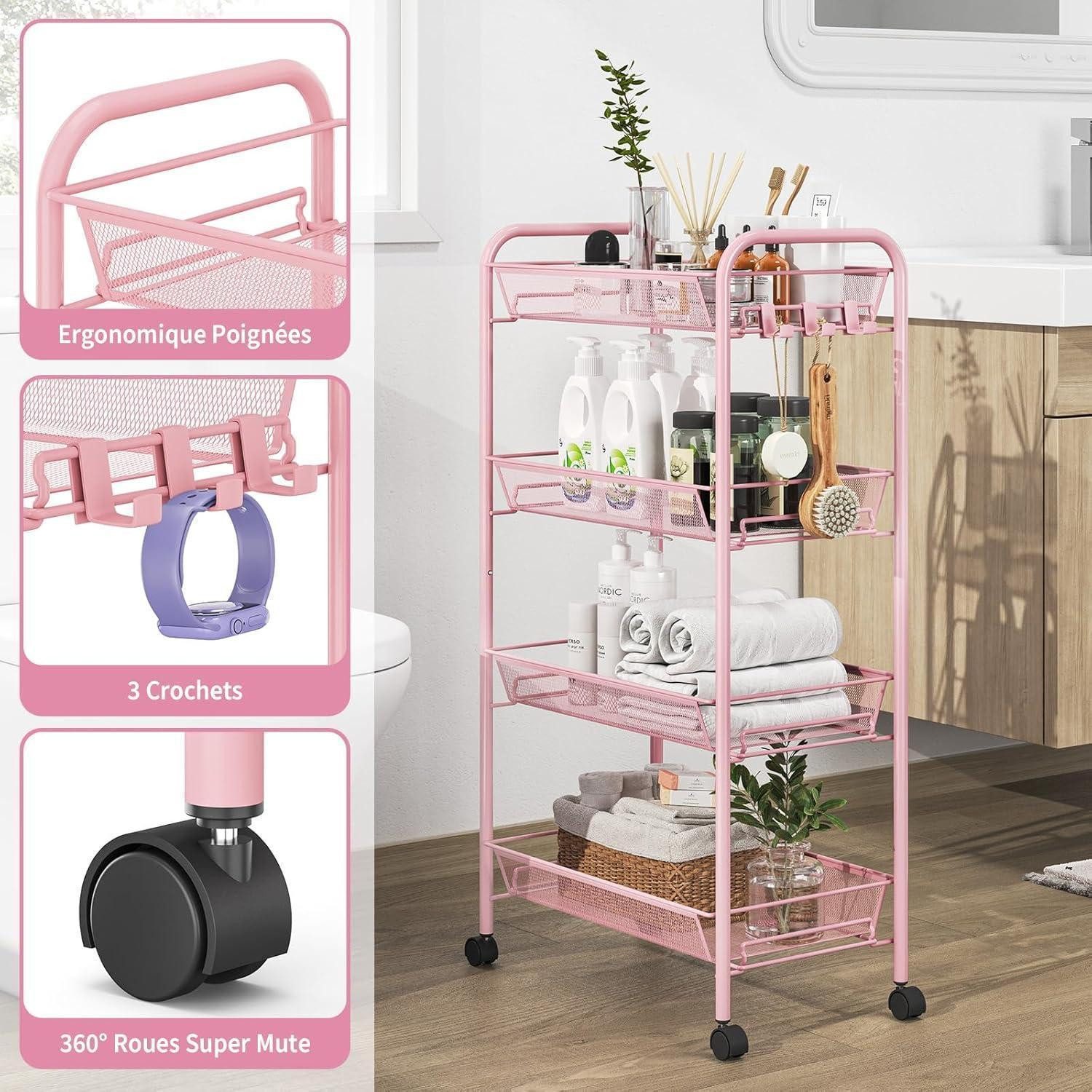 LuxusKollektion Servierwagen Rollwagen Küchenwagen Küche Waschküche Netzkorb 4-Ebenen Rosa