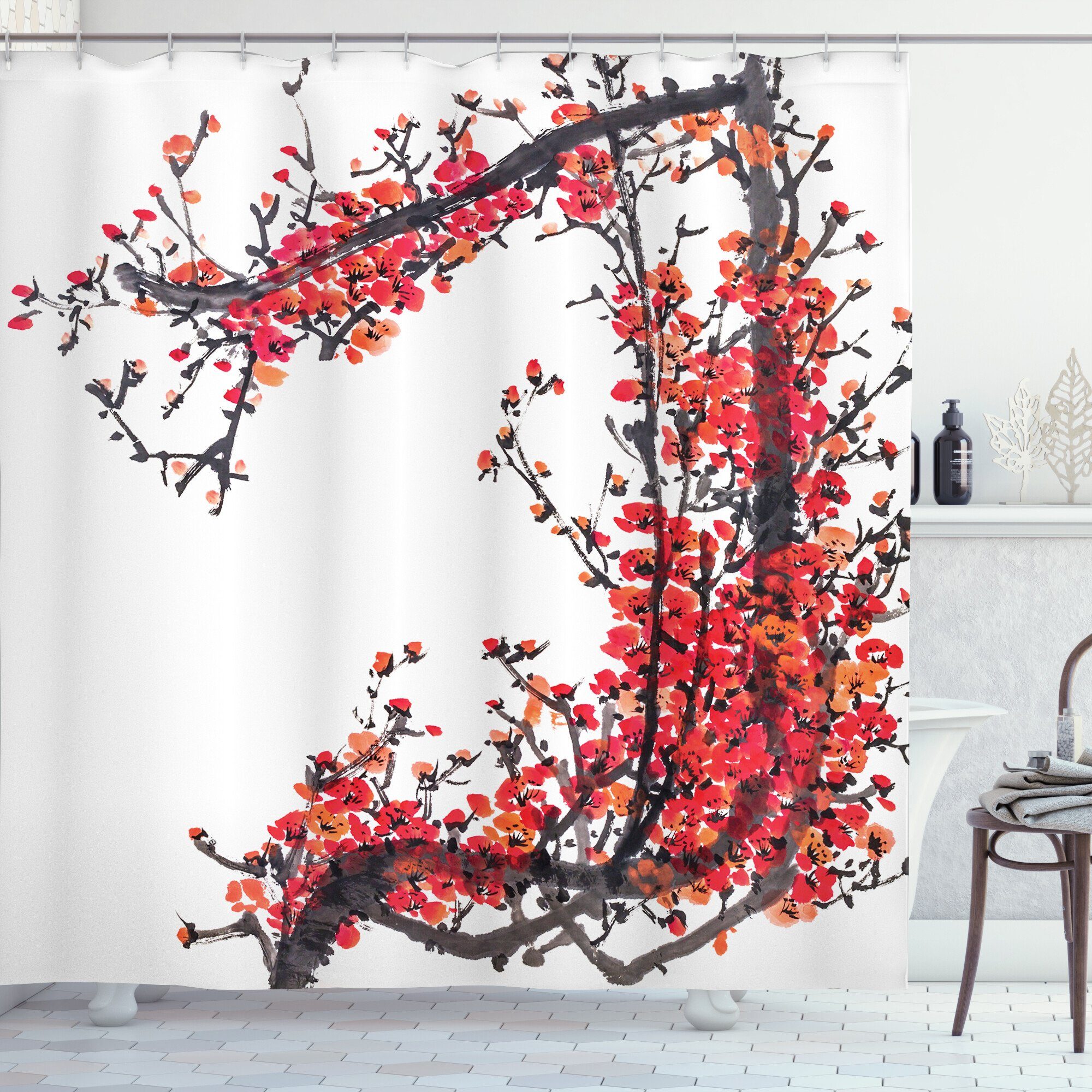 Abakuhaus Duschvorhang Moderner Digitaldruck mit 12 Haken auf Stoff Wasser Resistent Breite 175 cm, Höhe 180 cm, Japan Kirschblüte Sakura