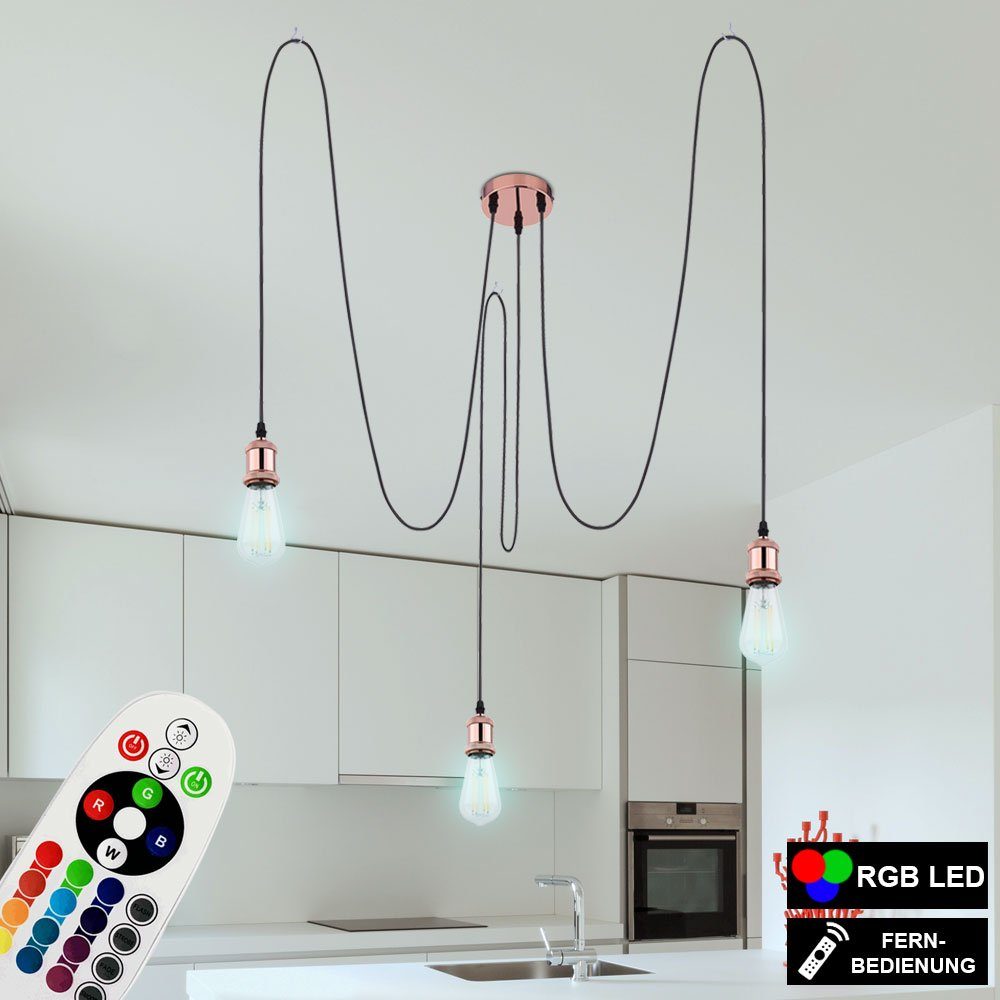 etc-shop LED Pendelleuchte, Leuchtmittel inklusive, Warmweiß, Farbwechsel, Hänge Leuchte Ess Zimmer Textil Decken Kupfer Lampe