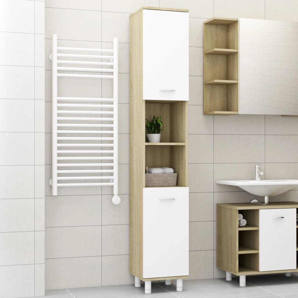vidaXL Badezimmer-Set Badezimmerschrank Weiß Sonoma-Eiche 30x30x179 cm Holzwerkstoff, (1-St) Weiß und Sonoma-Eiche