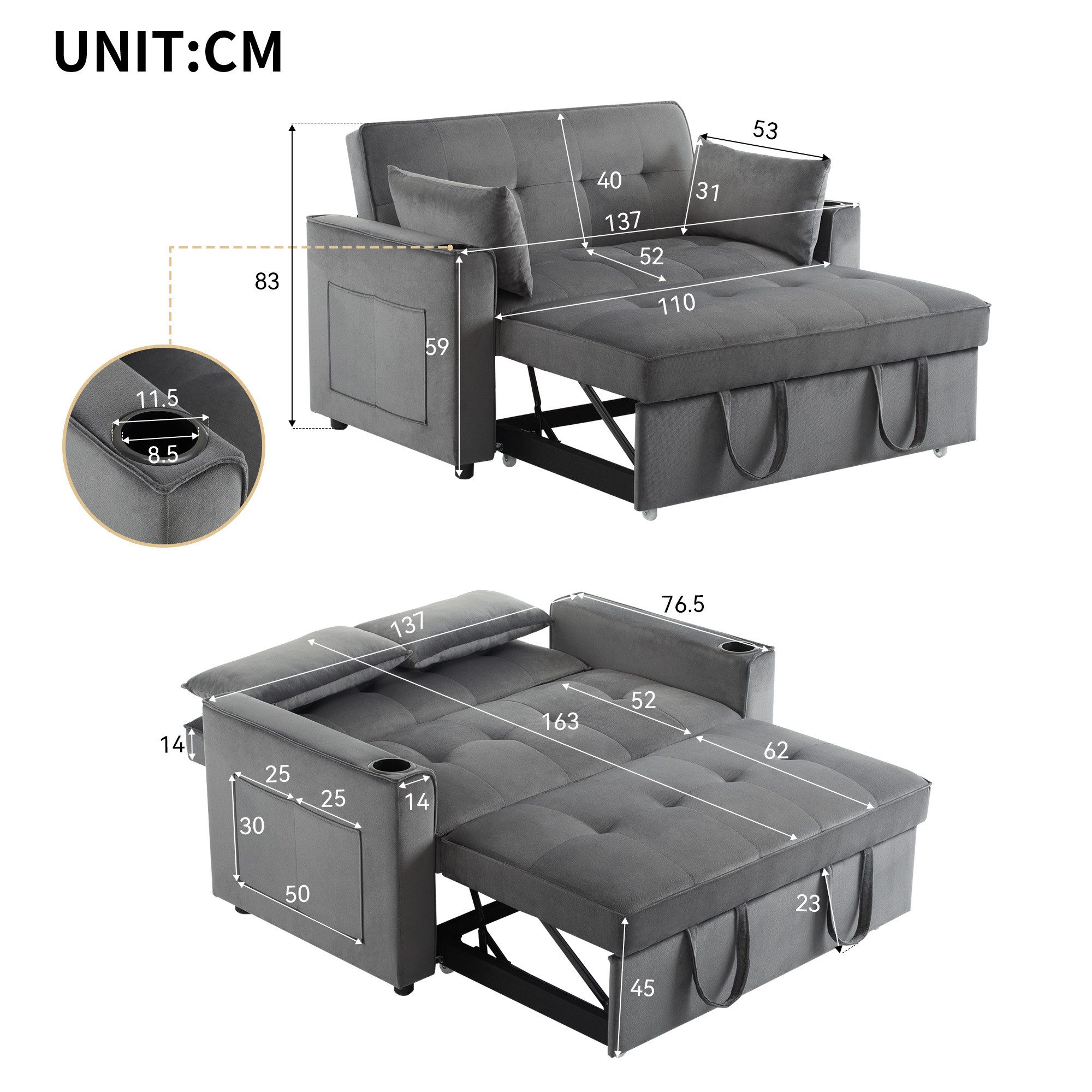 Ulife Schlafsofa mit Bettfunktion mit Getränkehalter und Kissen, klappbar, günstig online kaufen