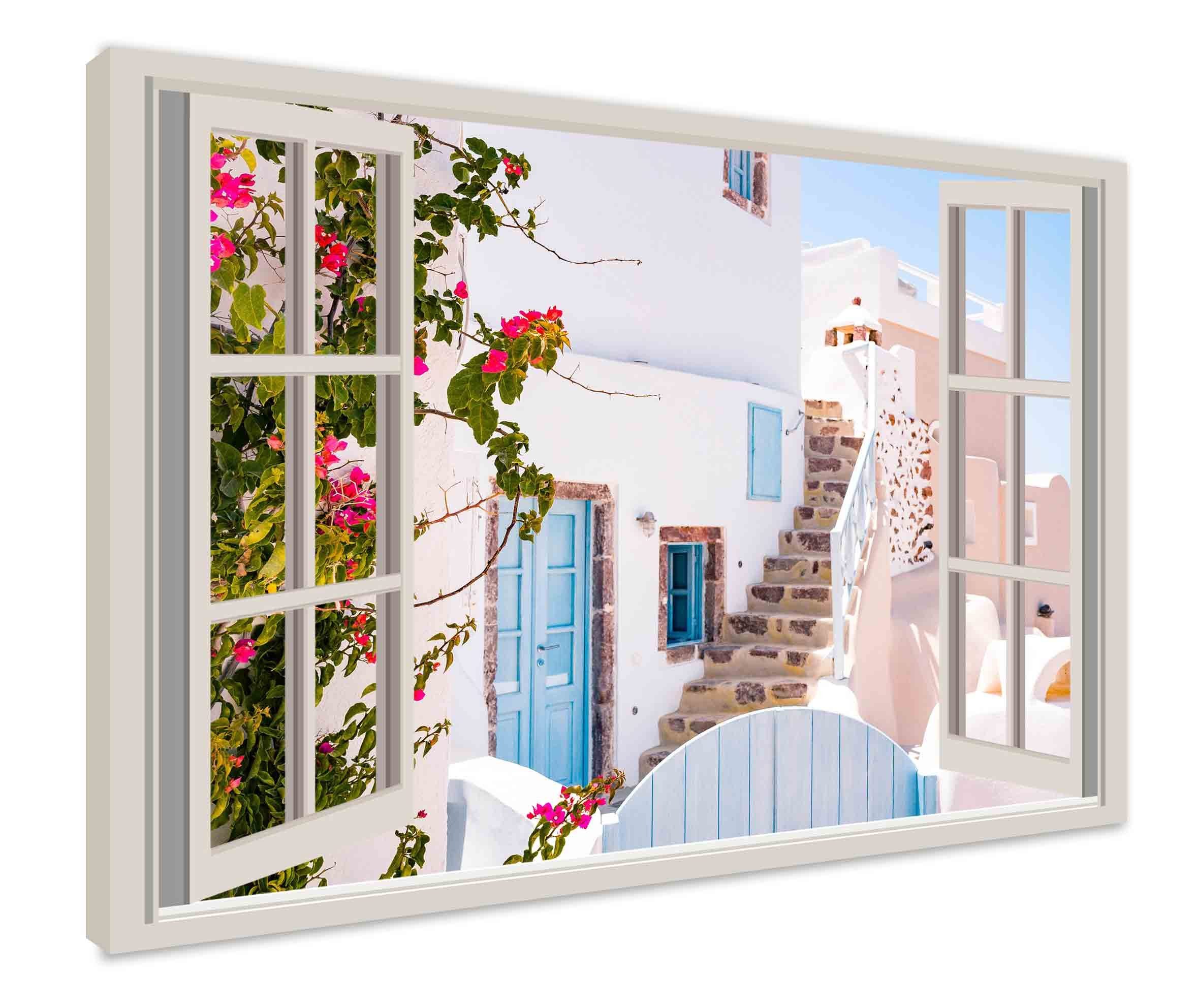 Leinwando Leinwandbild Gemälde / Fensterblick auf Santorini - Moderne Kunst  / Wanddekoration fertig zum aufhängen