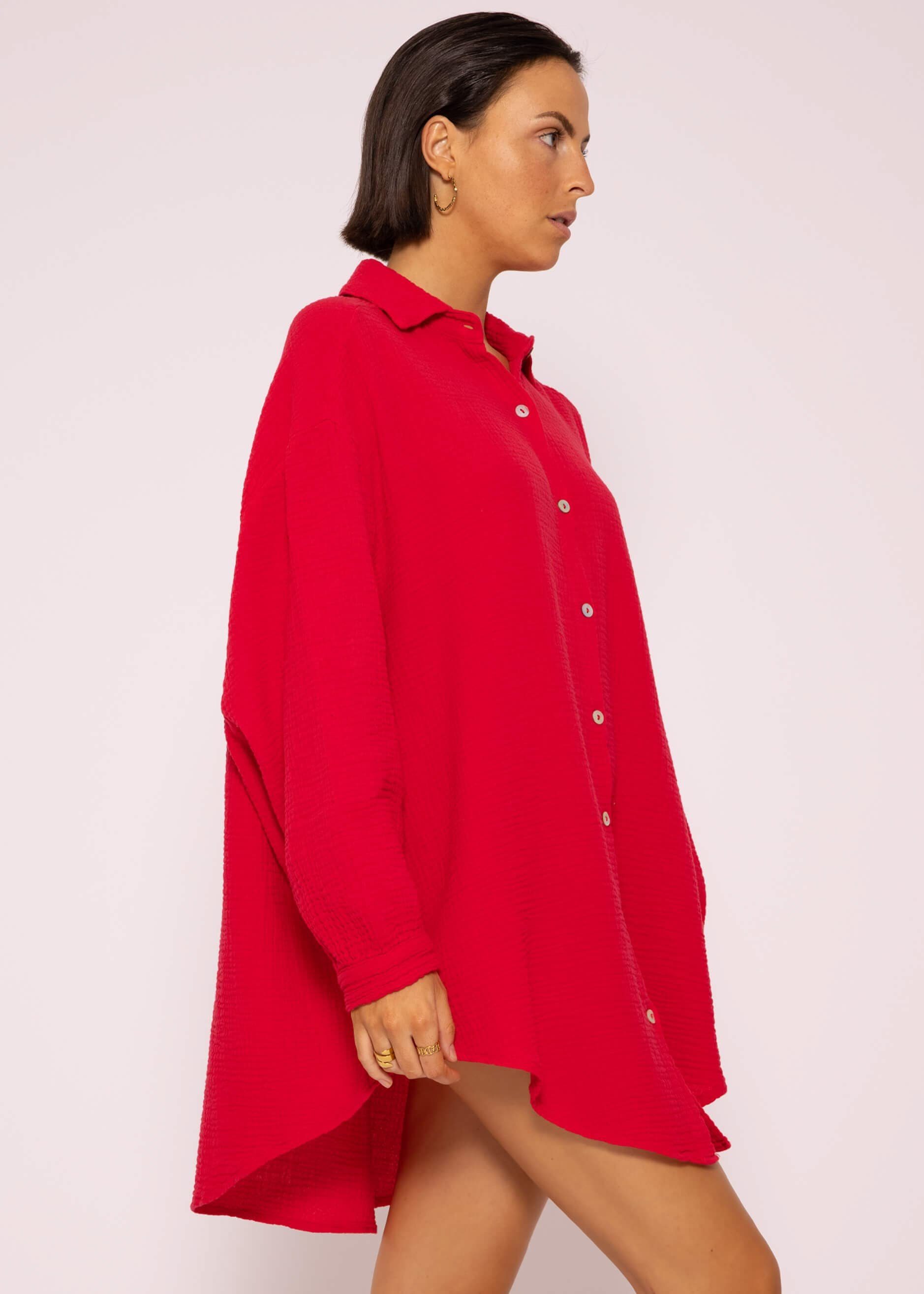 V-Ausschnitt, Damen Hemdbluse aus mit Size Longbluse Baumwolle SASSYCLASSY lang Bluse Musselin Langarm (Gr. Rot Oversize 36-48) One