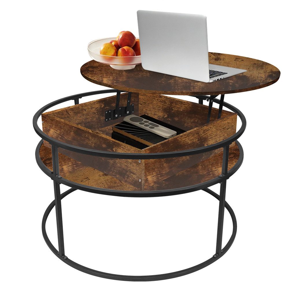 JEOBEST Couchtisch Couchtisch Rund mit Hebeplatte, Wohnzimmertisch, Ablage, (1-St. mit verstecktem Stauraum 80x80) Beistelltisch aus Holz & Metall