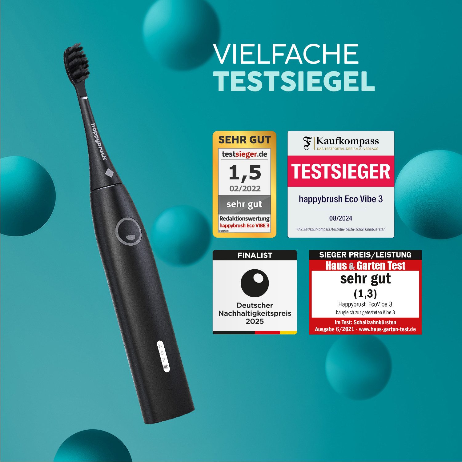 happybrush Schallzahnbürste Eco Vibe 3 AllBlack - TESTSIEGER - 8 Wochen Power Akku, Aufsteckbürsten: 4 St., Eco Vibe 3, 3 individuelle Putz-Modi, Schalltechnologie
