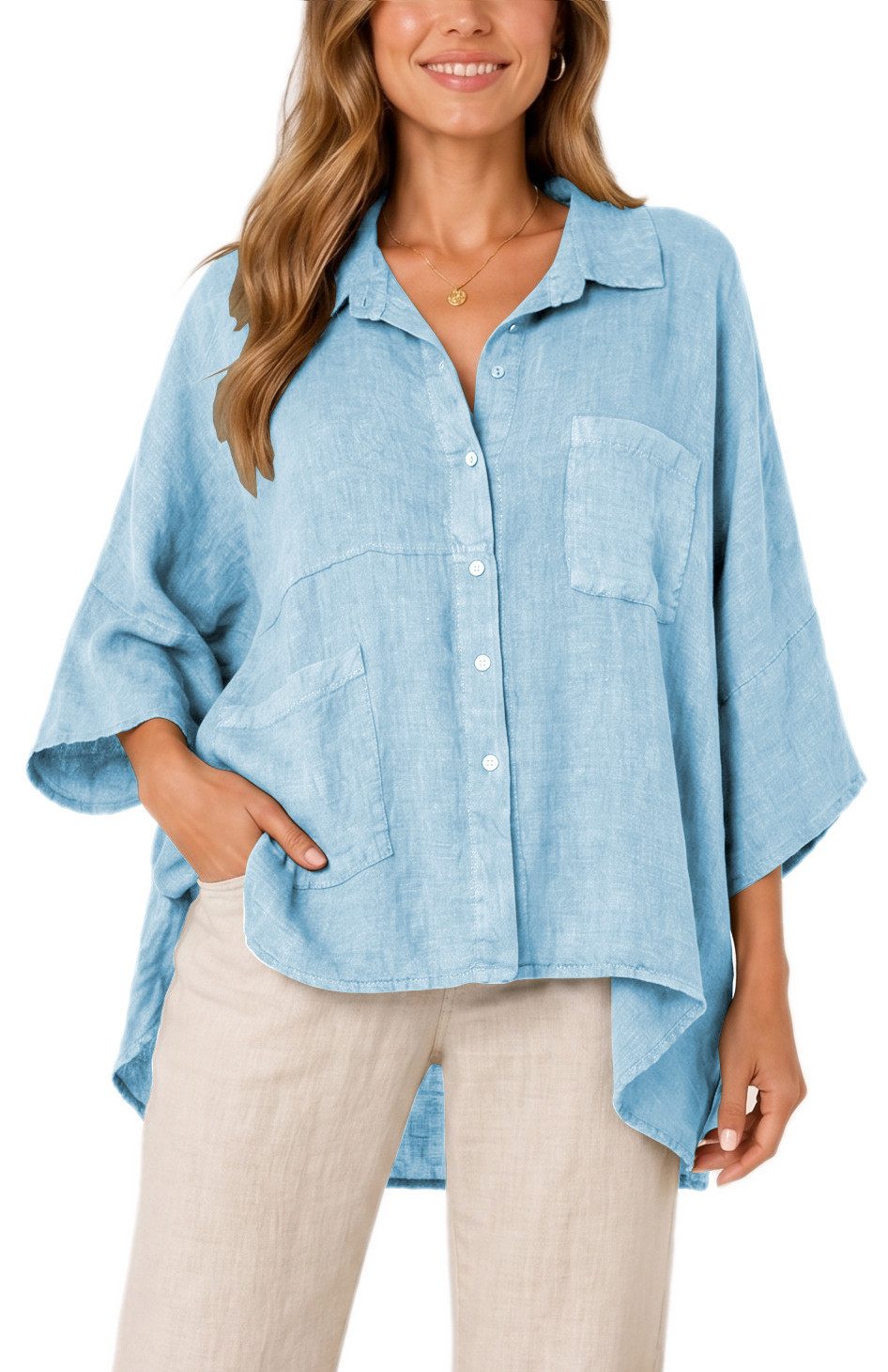 dy_mode Hemdbluse Damen Leinenbluse Oversize Hemdbluse Kurzarm Tunika Vokuhila in Unifarben, Oversized Optik, Vokuhila-Schnitt