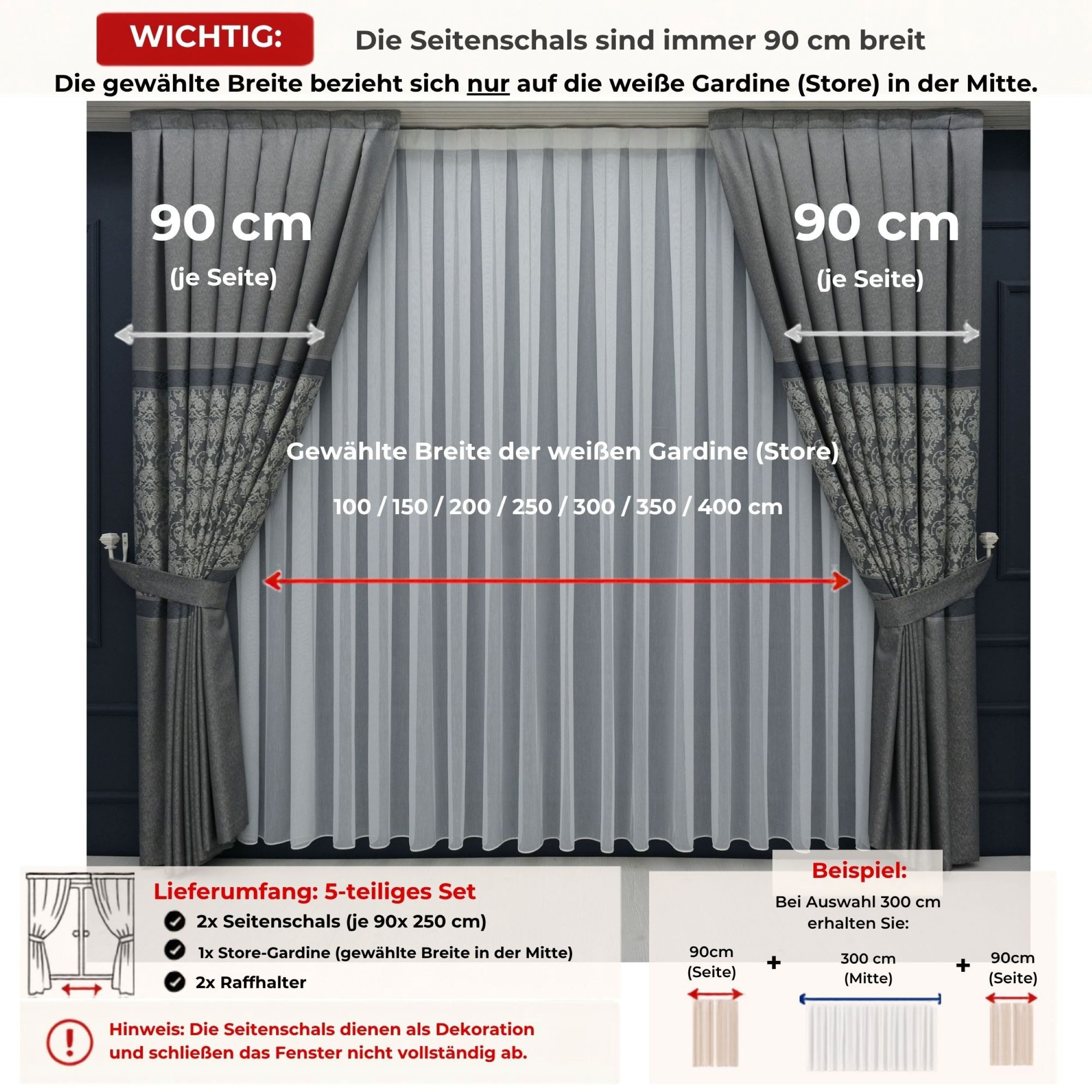 Gardinen by Justyna Vorhang Komplett-Set Vorhang Grau – Falten mit Store (5 St), Kräuselband, Fertiggardine, Halbtransparent, Faltenband, Komplett-Set, Pflegele – Bild 3 von 5