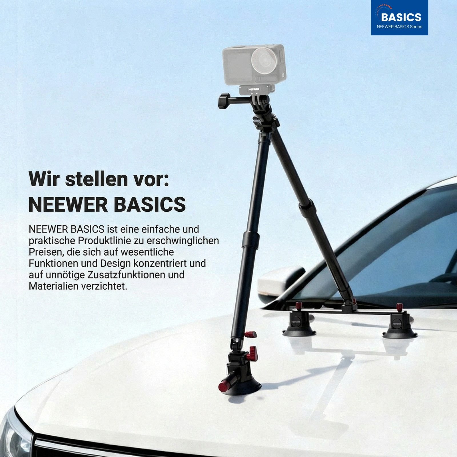 Neewer Action Cam-Halterung CA166 Dreifach Saugnapf Halterung Auto Set, Zwei 60cm langen, (Packung, Verlängerungsstangen aus Aluminiumlegierung NATO Schiene, max Last 1kg)