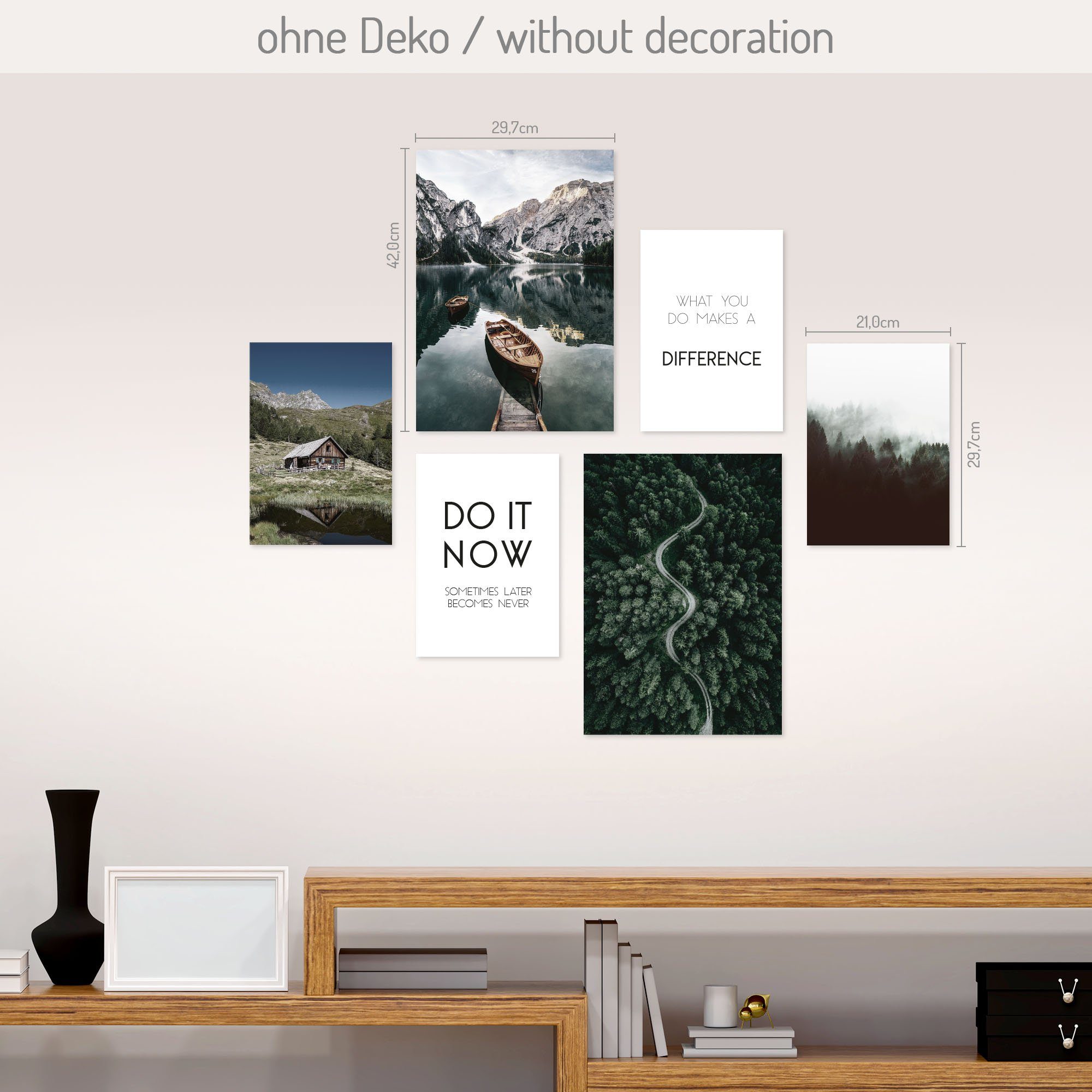 Kreative Feder Poster, Motivation, Inspiration, Natur, Landschaft, See, Boot, Wald (Set, 6 St), 6-teiliges Poster-Set, Wandbild, Posterwand, optional mit Rahmen