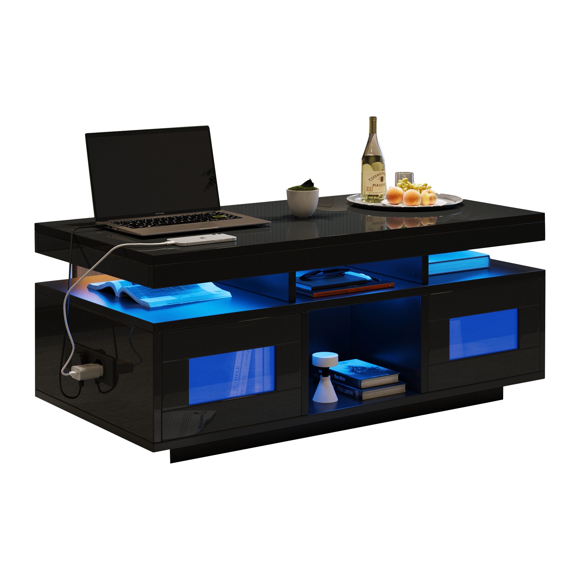 ANYSUN Couchtisch Sofatisch Wohnzimmertisch mit Schrank (Spar-Set, 1 tisch), mit LED-Leuchten, 100×50×43cm