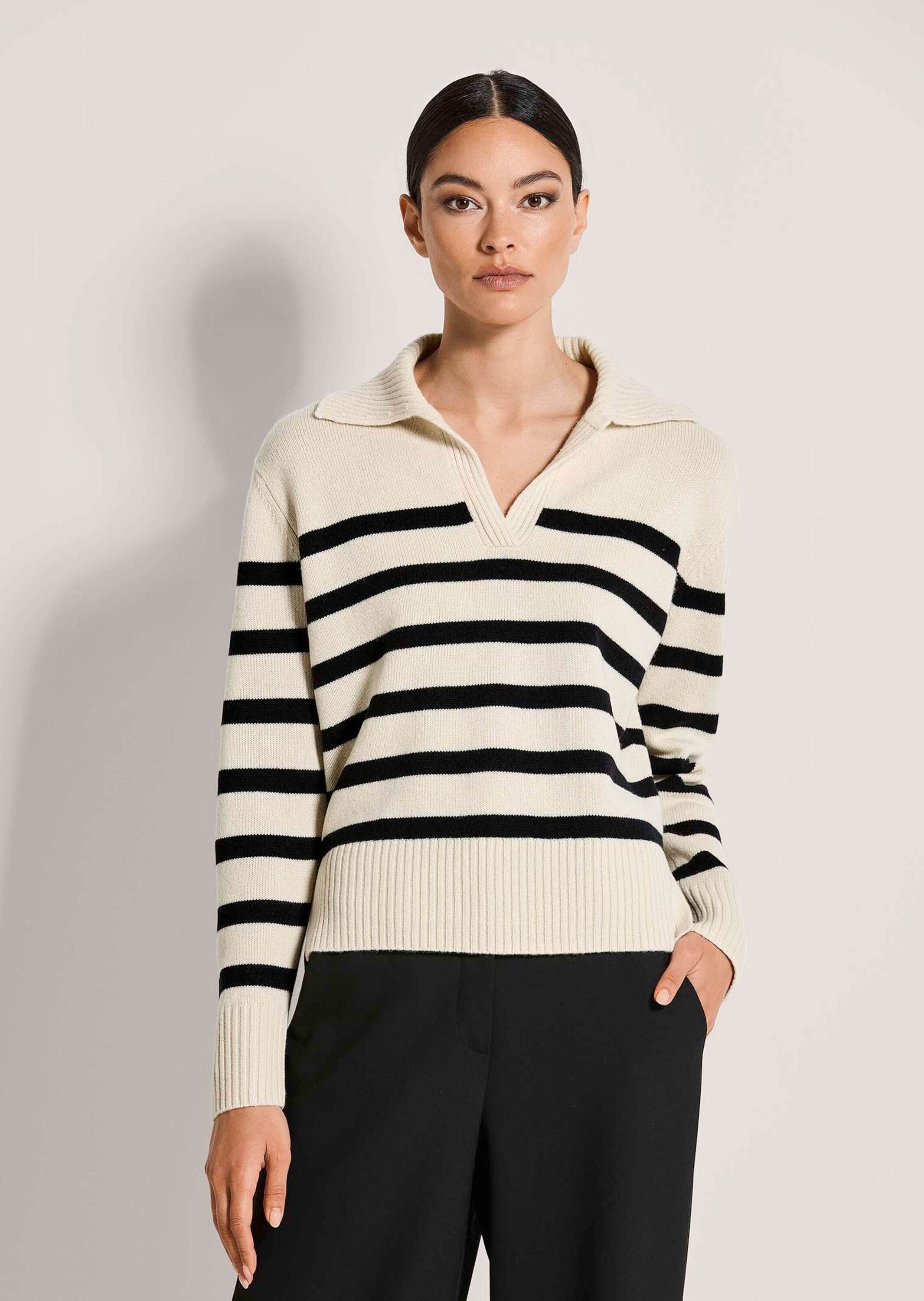 MADELEINE Strickpullover Sommerpullover im Streifen-Look Wollpullover mit Polokragen, V-Ausschnitt und Langarm