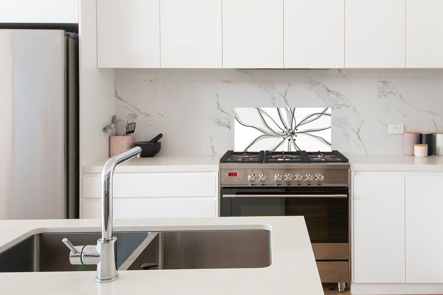 MuchoWow Küchenrückwand - Kunst gegen Wandschutz, (1-tlg), und - Schwarz, Blume cm, Weiß Fett - 60x30 Schmutzflecken Küchen für