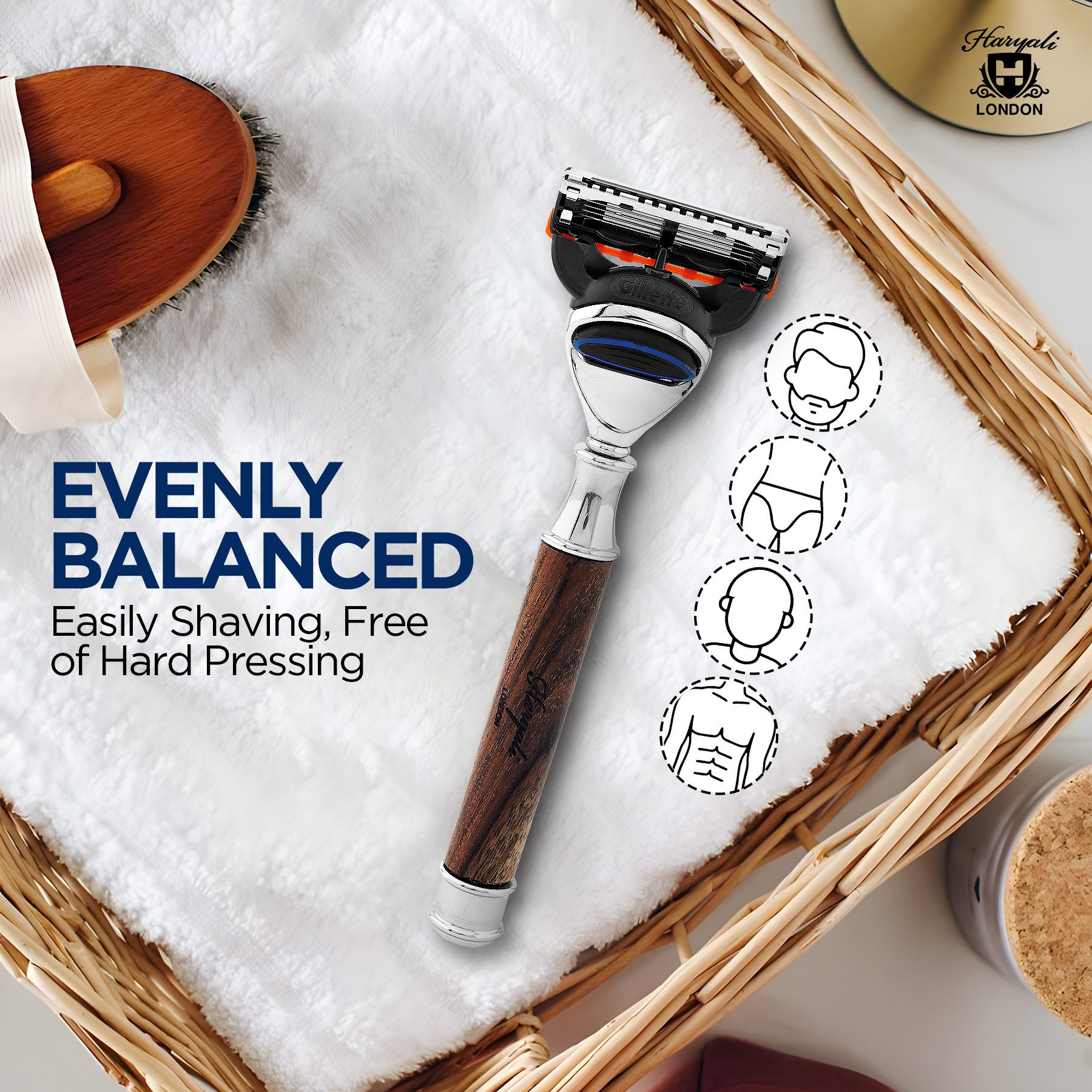 Haryali London Nassrasierer 5-Klingen-Holzrasierer für Unisex, Smart Grip Body & Beard Razor, Pack, Rasiermesser mit Klinge und messing-silberner Oberfläche, Abwaschbarer, rutschfester Griff. Passt auf alle Fusion5-Rasierer.