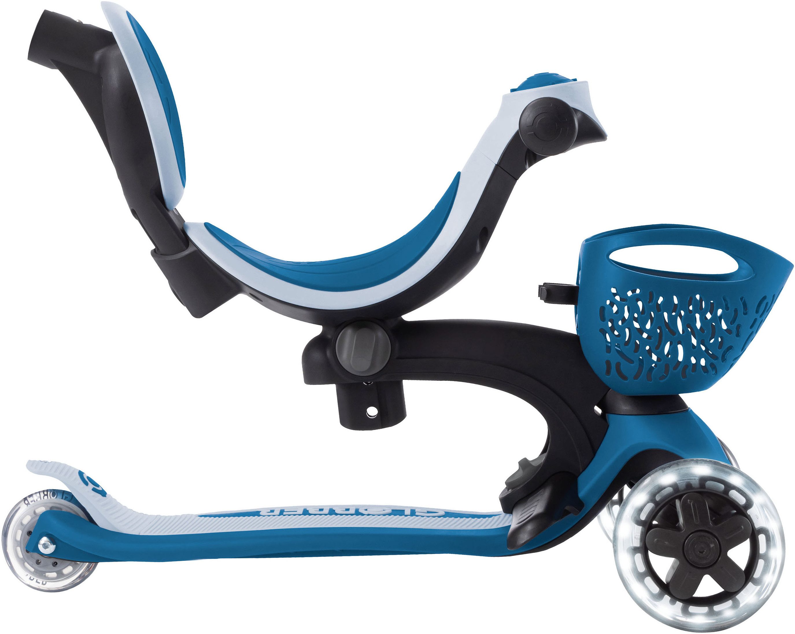 Globber Tretroller GO-UP BABY 360 LIGHTS, mit Leuchtrollen und Leuchtmodul, Aufsitzrad, Laufrad und Scooter in Einem