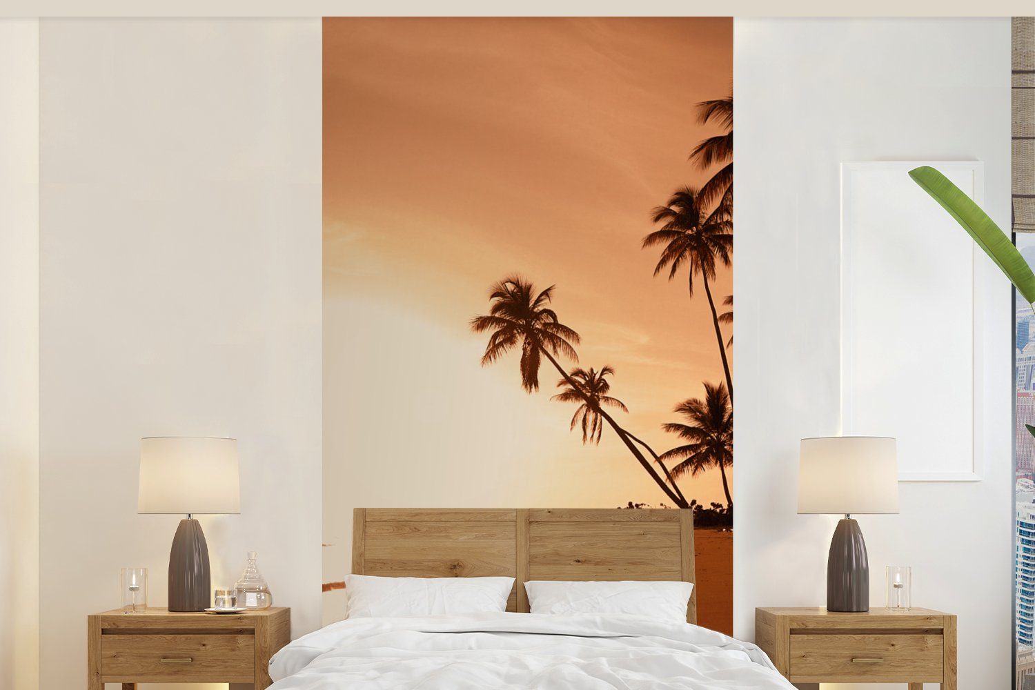 MuchoWow Fototapete Sonnenuntergang - Tropisch - Palme - Strand - Meer, Matt, bedruckt, (2 St), Vliestapete für Wohnzimmer Schlafzimmer Küche, Fototapete