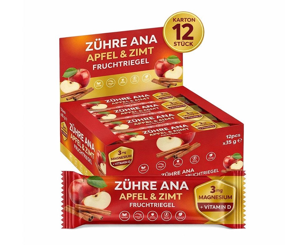 Zühre Ana® Riegel Apfel Zimt Fruchtriegel 12x – Vegan, Glutenfrei, Magnesium, Vitamin D, 420 g, Leckerer Snack mit Vitamin D, 35gr x 12 Stück