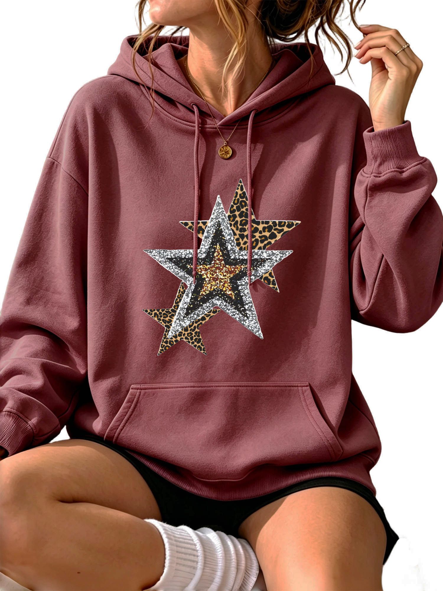 PYLIKE Kapuzenpullover Damen Print Hoodie aus kuscheligem mit großer Tasche Lässiger Streetstyle für den Winter