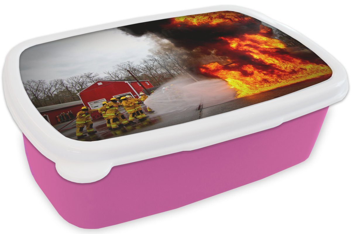 Feuerwehrleute, Amerika Brotdose MuchoWow (2-tlg), Mädchen, Erwachsene, Kunststoff, Kinder, für rosa Lunchbox - - Brotbox Snackbox, Kunststoff Feuer