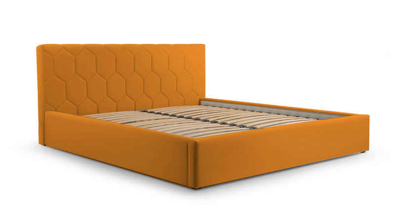MOEBLO Polsterbett Bett 02 (Double Doppelbett mit Kopfstütze, Rahmenbettgestell, mit Bettkasten und Lattenrost), gepolstertes Kopfteil