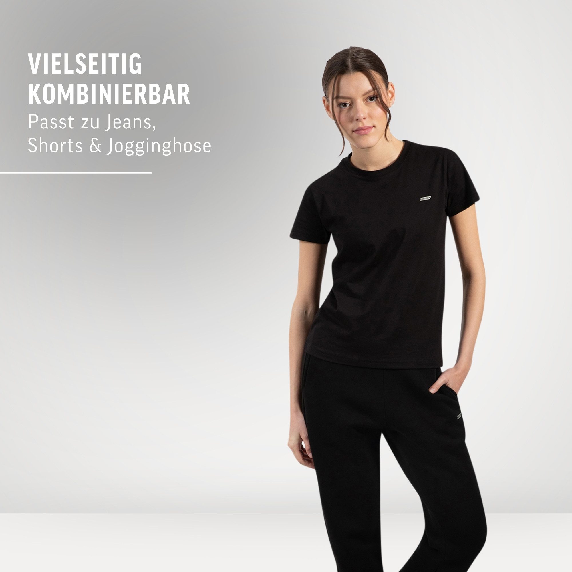Smilodox T-Shirt Laurena, Schlichtes Shirt, graviertes Metallabel, Weiches Material Kurzarmshirt mit modernem Detail Alltag Freizeit Sport