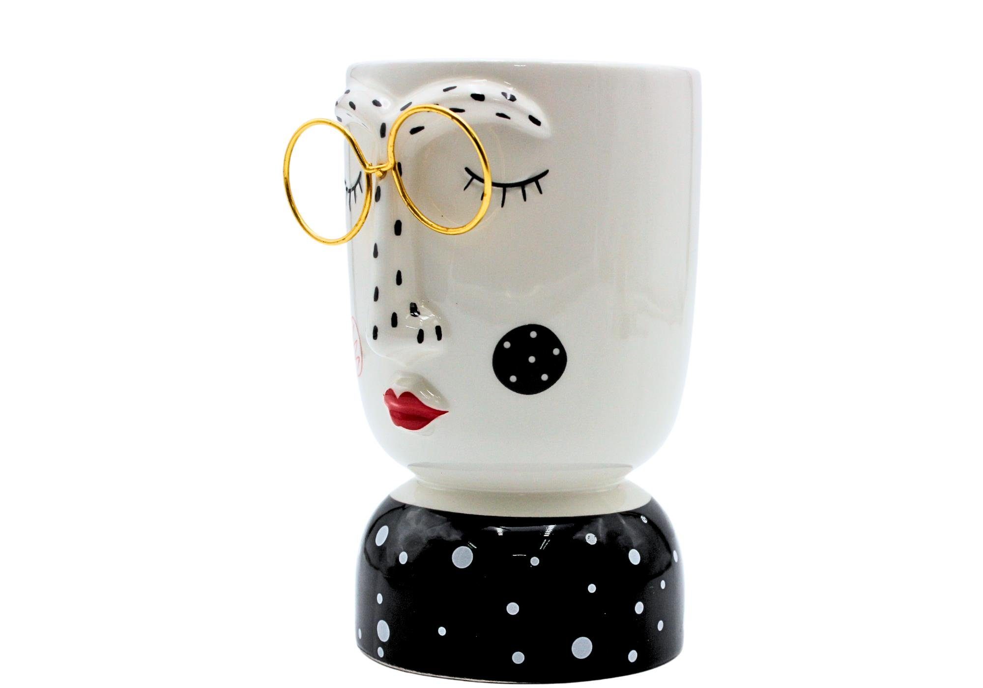 Dekovase St) 1 Blumenvase, Gesicht (1 Brille, Keramik Vase Dekohelden24 und goldener mit schwarz-weiß Vase,