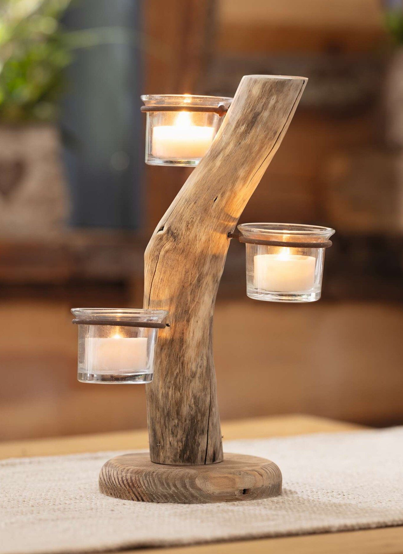 Dekoleidenschaft Teelichthalter "Baum" aus Holz, 3 Teelichtgläser, 28 cm hoch, Unikat, Kerzenhalter