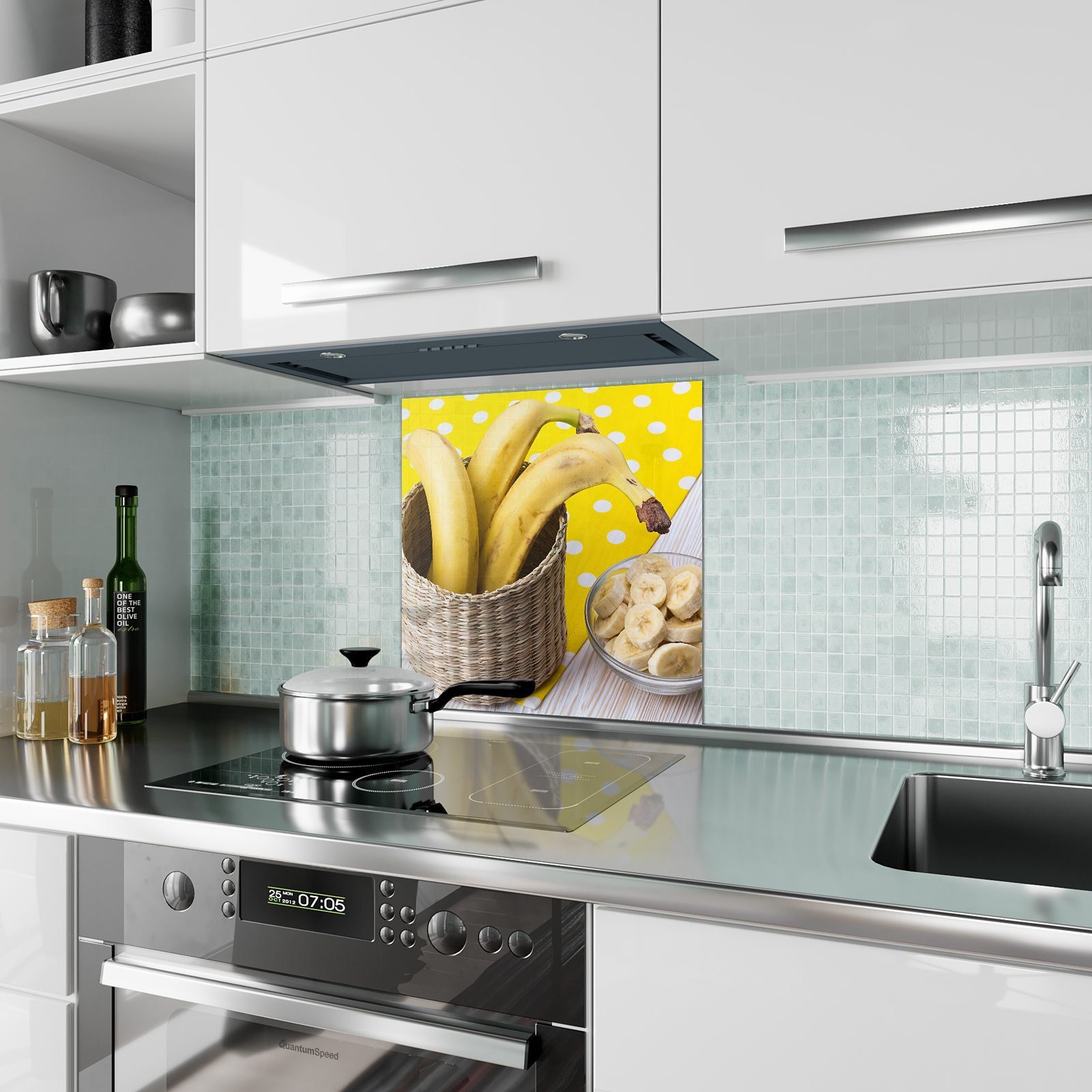 Küchenrückwand Küchenrückwand Korb mit Motiv in Glas Primedeco Spritzschutz Bananen