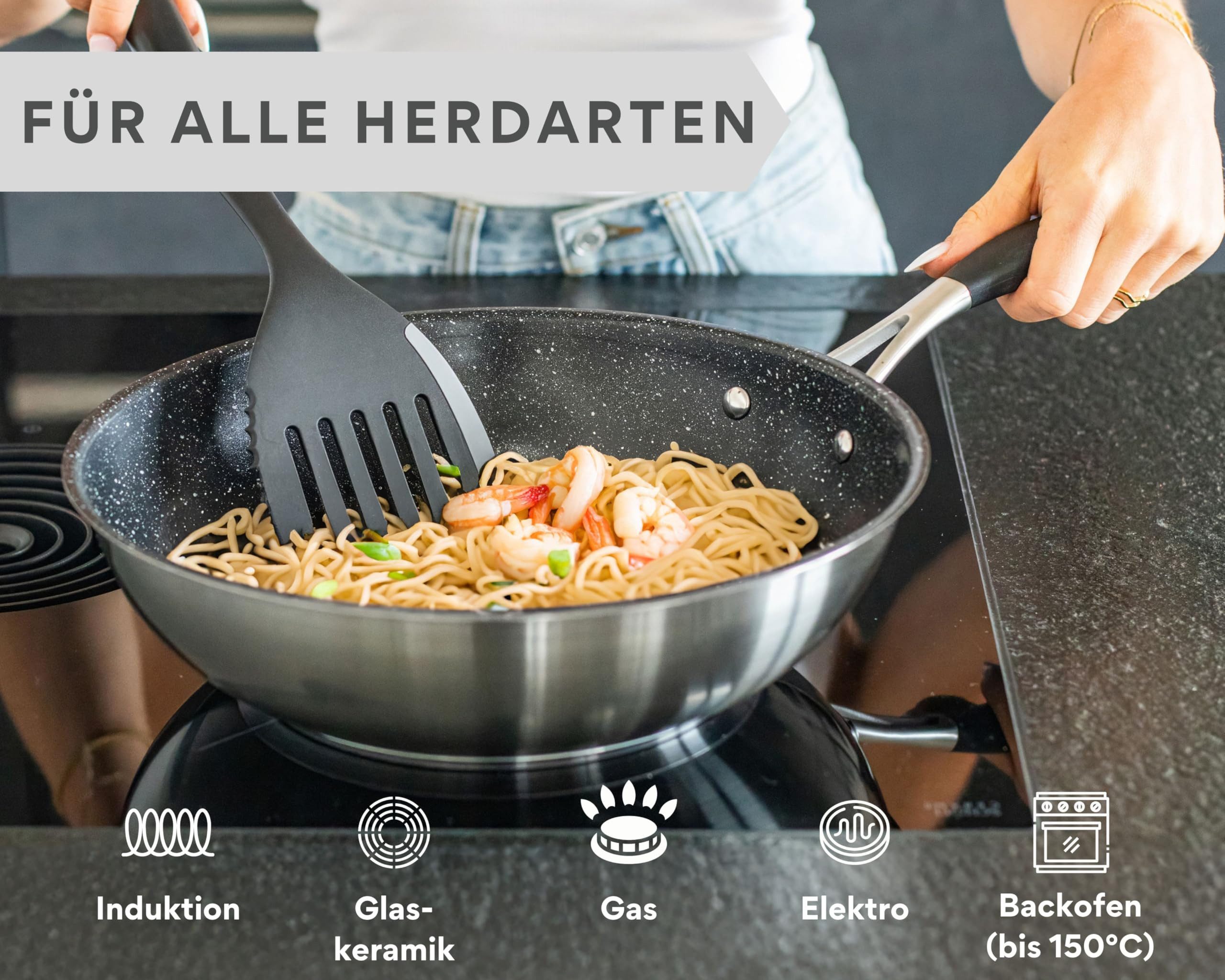 divory Wok 28 cm ULTIME I Antihaft beschichtete, Wok Induktion, Edelstahl (Pfanne groß für Induktionskochfeld, Gasbrenner, Gasherd, spülmaschinengeeignet), Wokpfanne für alle Herdarten