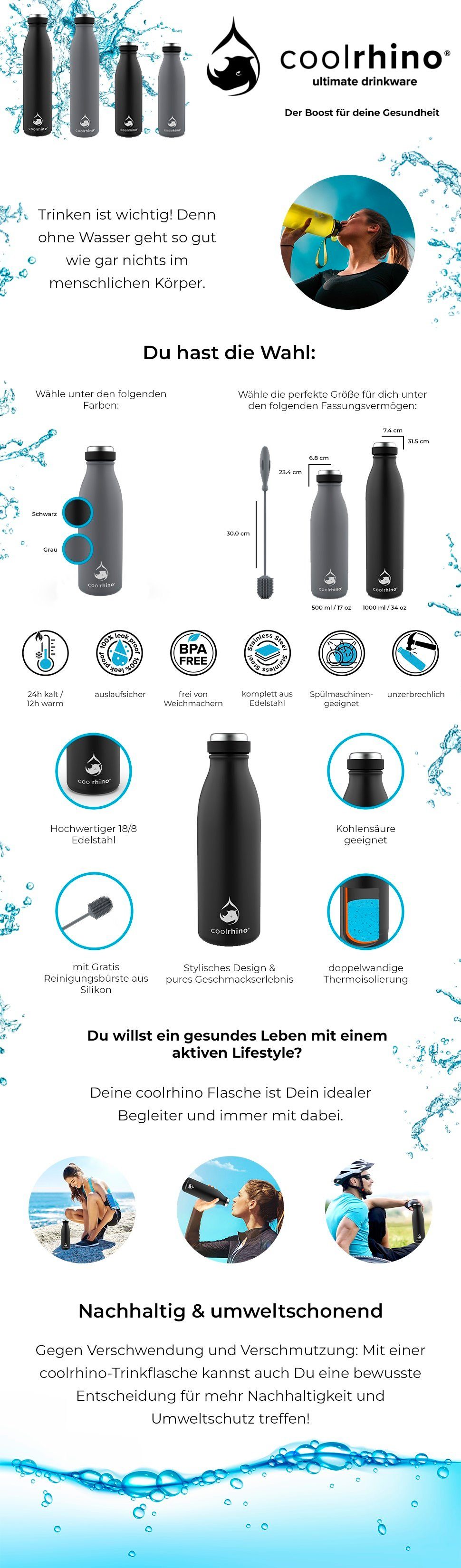 Karibik-Blau Isolierflasche Edelstahl coolrhino Reinigungsbürste, 1 Thermosflasche ml liter, 500 Spülmaschinenfest rhinoTherm2 BPA mit / frei Trinkflasche