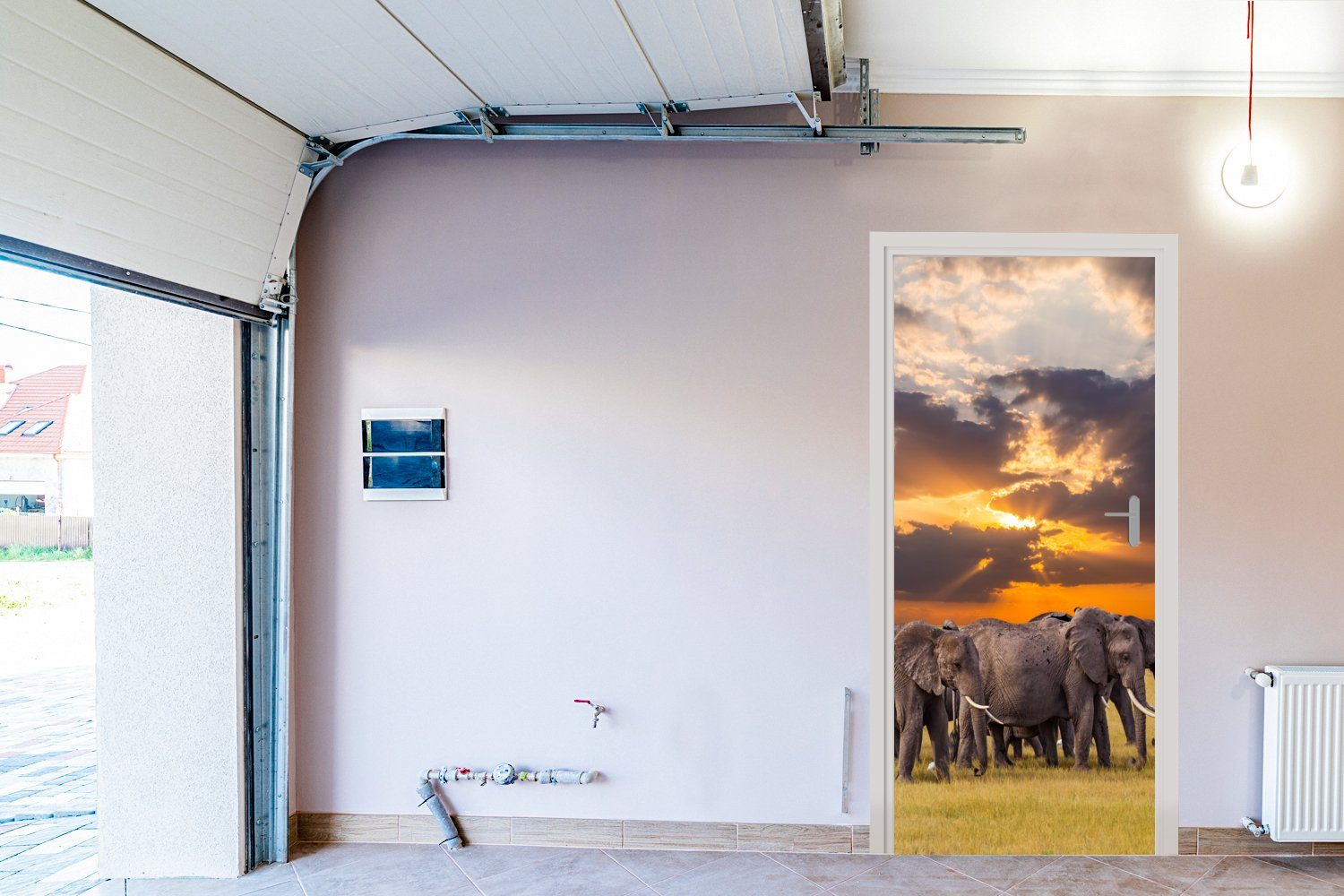 Tiere - Natur, Fototapete Gras (1 Türtapete St), Sonnenuntergang - 75x205 Matt, bedruckt, Türaufkleber, - für Tür, MuchoWow cm Elefant -