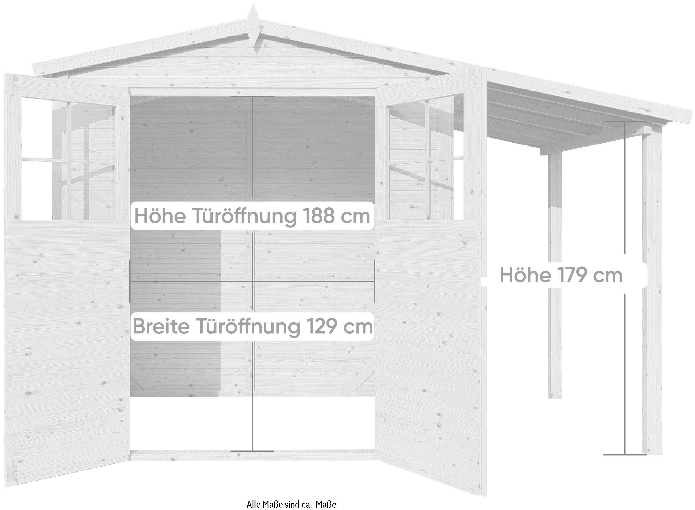 KONIFERA Gartenhaus Alto mit 343x169 Anbaudach BxT: 2 Fineline cm, PLUS Satteldach
