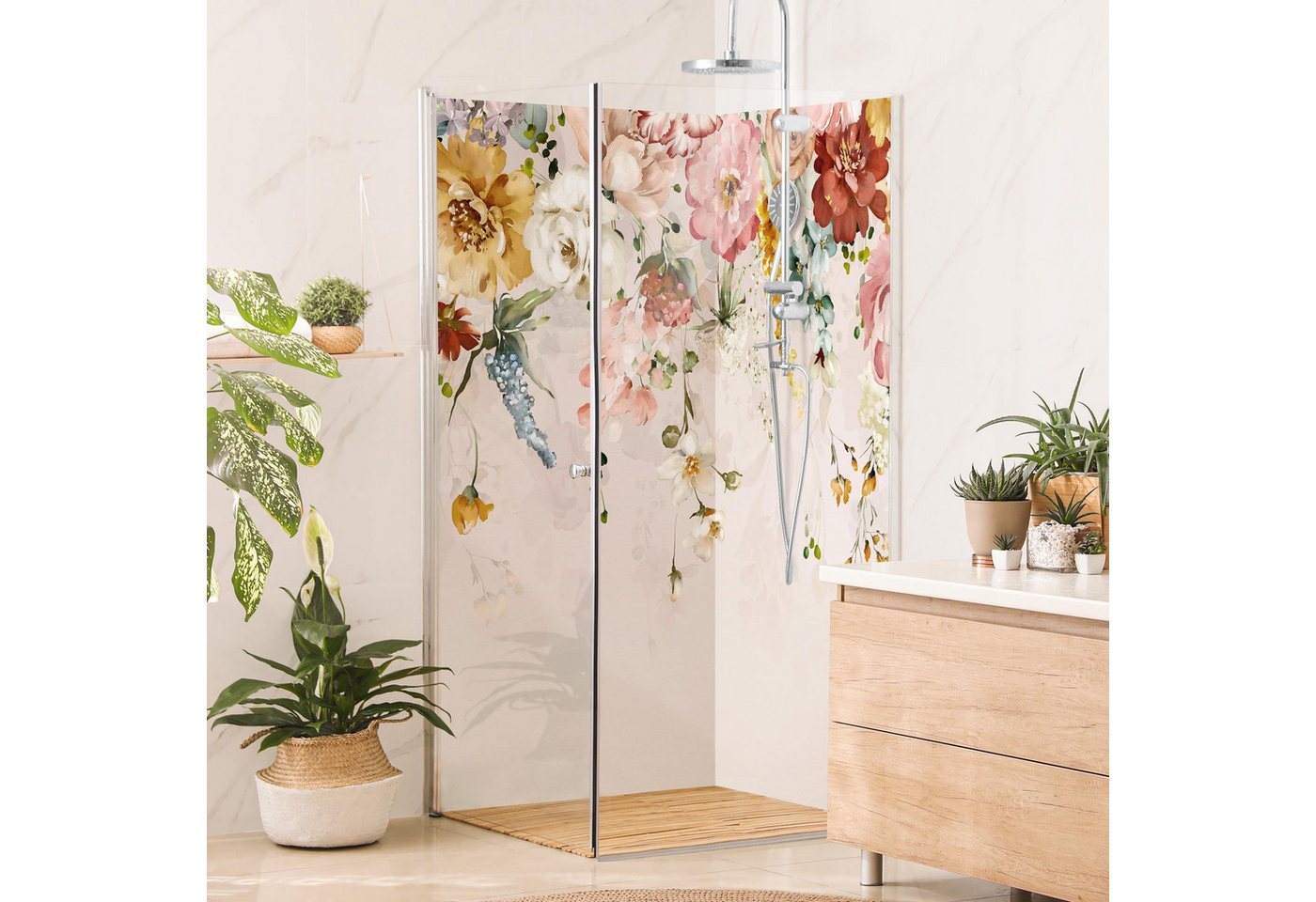 Thumbnail - Bilderdepot24 Badrückwand Blumen pastell Duschrückwand ohne Bohren Dusche Vintage, (2-tlg., Hart-Folie Premium matt 0,61...
