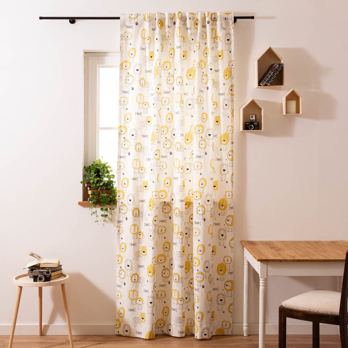 SCHÖNER LEBEN. Vorhang Vorhang Kinderzimmer Smok-Schlaufe Löwen ecru gelb 245cm, Smokband, blickdicht, Baumwolle, Digitaldruck
