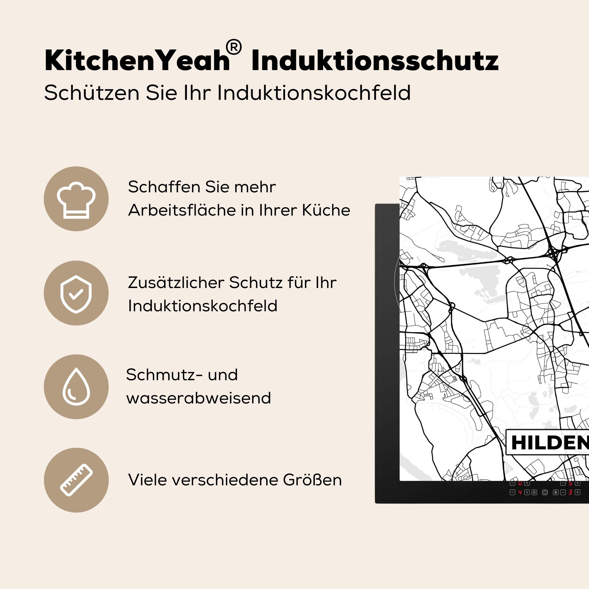 (1 Vinyl, Ceranfeldabdeckung, cm, Herdblende-/Abdeckplatte Arbeitsplatte Stadtplan, tlg), 78x78 küche - MuchoWow Karte für - Hilden