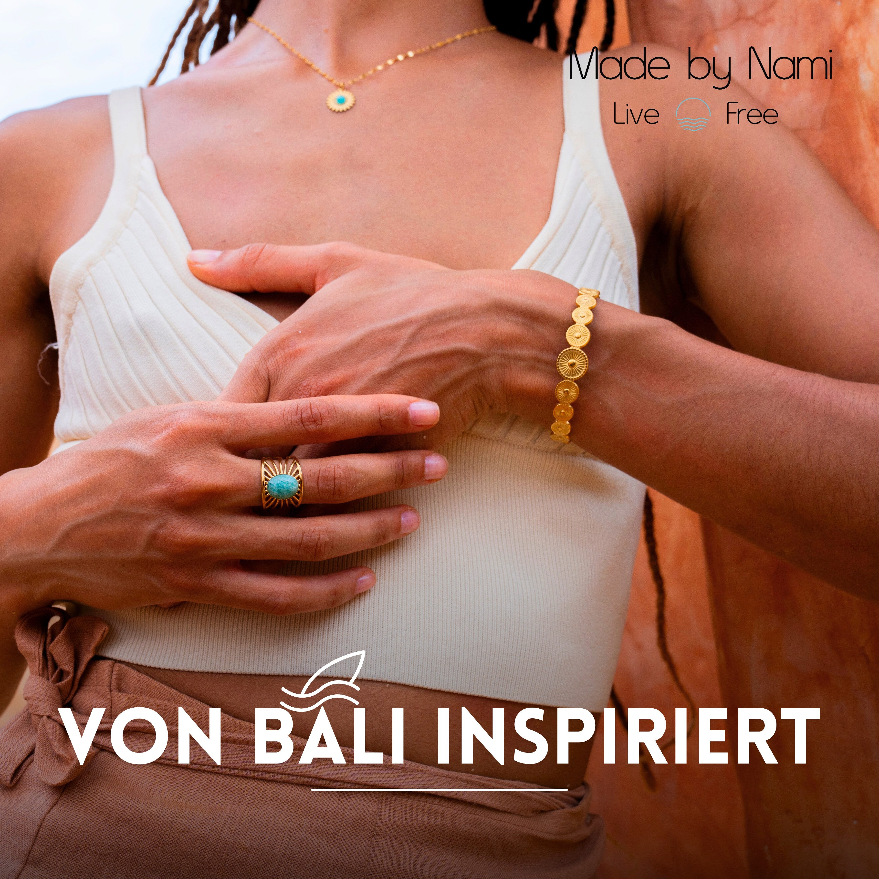 Made by Nami Armreif Sonne Gold Damen Boho Schmuck aus Chirurgischem Edelstahl 316, Verstellbar Wasserfester Schmuck