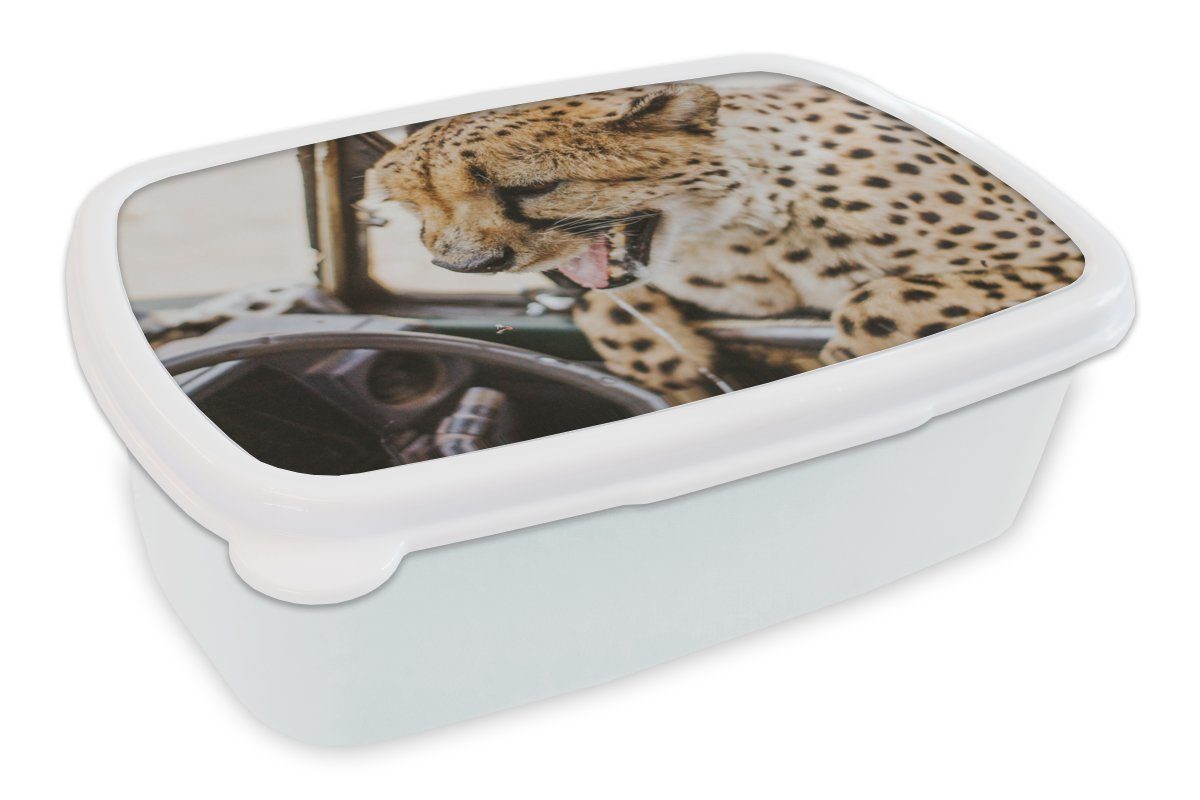 MuchoWow Lunchbox Auto - Lenkrad - Gepard, Kunststoff, (2-tlg), Brotbox für Kinder und Erwachsene, Brotdose, für Jungs und Mädchen weiß