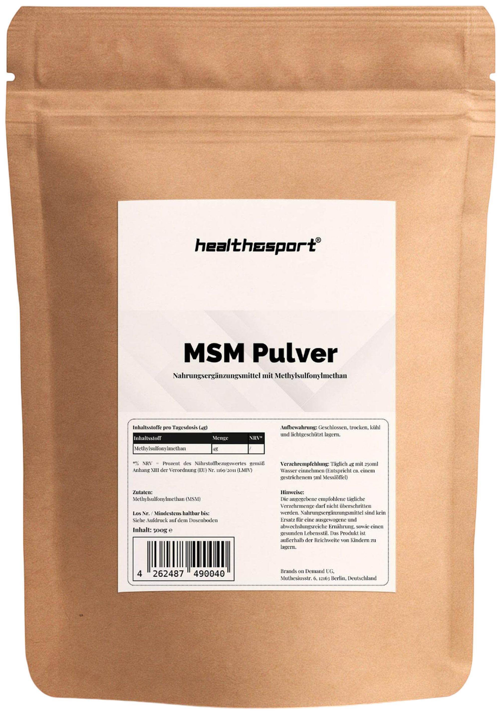 health&sport MSM – Für Gelenke, Bindegewebe, Haut, Knorpel & Haare Pulver, 500 g