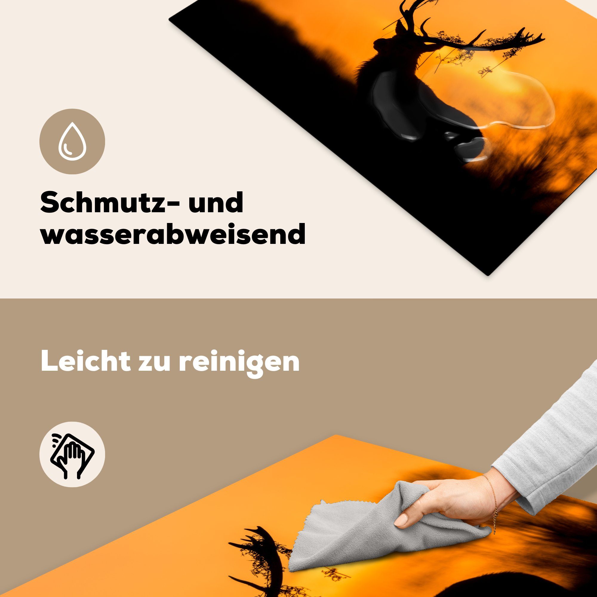 - küche, Ceranfeldabdeckung - Schutz Scherenschnitt tlg), - MuchoWow Herdblende-/Abdeckplatte - für Induktionskochfeld 81x52 die Tiere Vinyl, cm, Orange Natur, (1 Hirsch