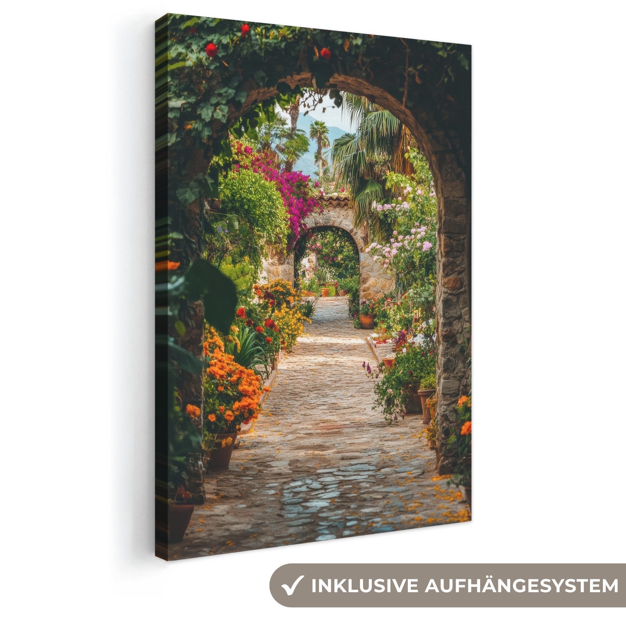 OneMillionCanvasses® Leinwandbild Fensterblick - Fenster - Blumen - Tor - Steine, Fotodruck (1 St), Leinwand Canvas Wandbild, Wanddekoration 20x30 cm
