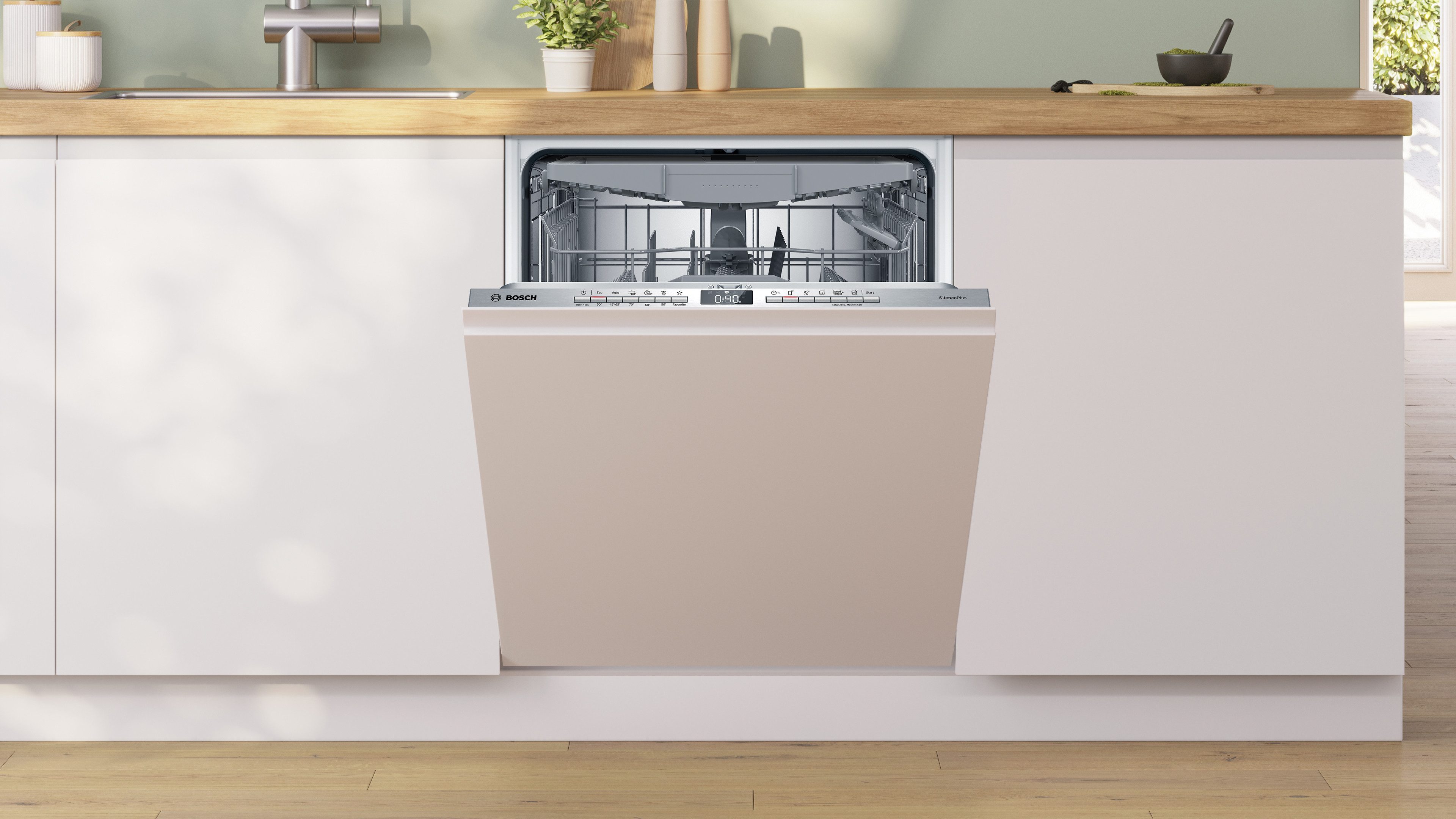 BOSCH vollintegrierbarer Geschirrspüler Serie 4 SMV4ECX28E, 14 Maßgedecke, Automatische Türöffnung für Effizienz, flexible Körbe & Schubladen