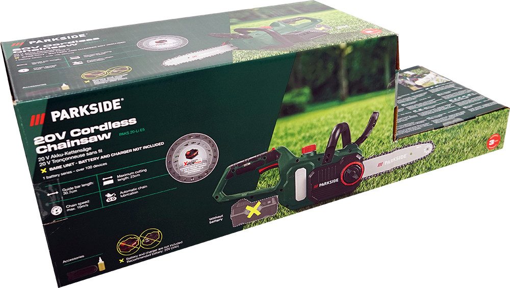 Parkside Akku-Kettensäge 20V Akku Kettensäge PAKS 20-Li E5 (ohne Akku), 30,7 cm Schwertlänge
