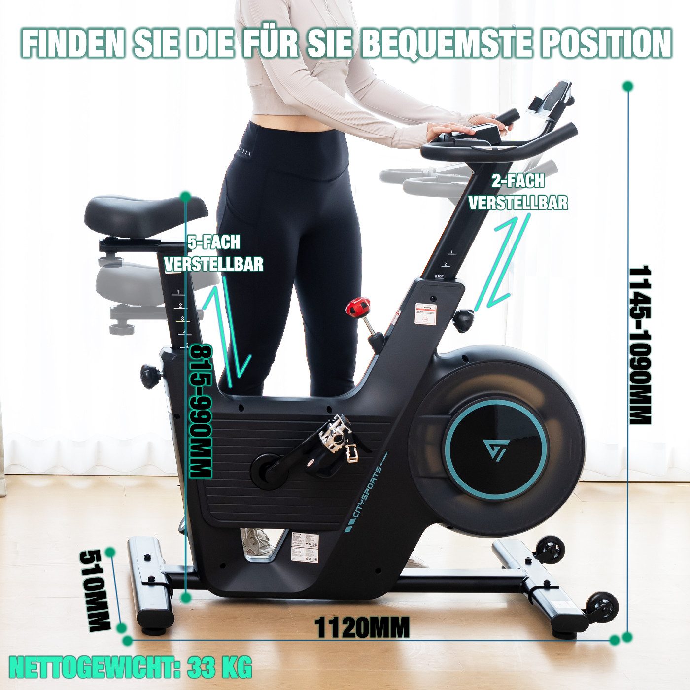 CITYSPORTS Heimtrainer mit Trainingsspiel-App, X-BIKE,Fitnessbike, max 120kg, Leise magnetischer Widerstand,LED-Stimmungsbeleuchtung