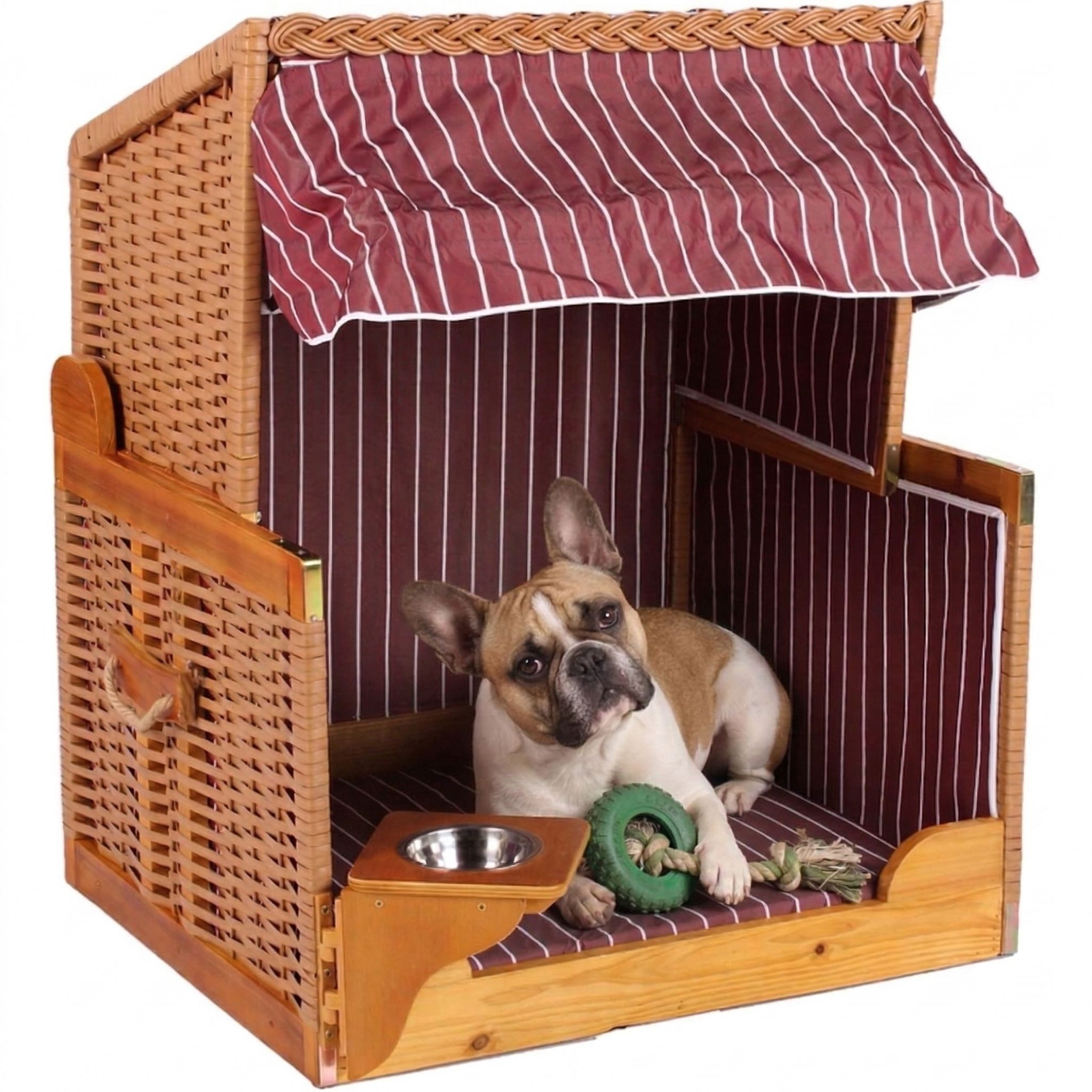 MR.DEKO Haustierstrandkorb Wacholder PE Beige Dessin Rot Gestreift Hundestrandkorb, BxTxH: 80x65x95 cm, Hundestrandkorb, Hundestrandkorb, (Strandkorb für Hunde und Katzen, zerlegte Lieferung, 1-tlg), Hundekorb mit Napf, verstellbarer Sonnenblende