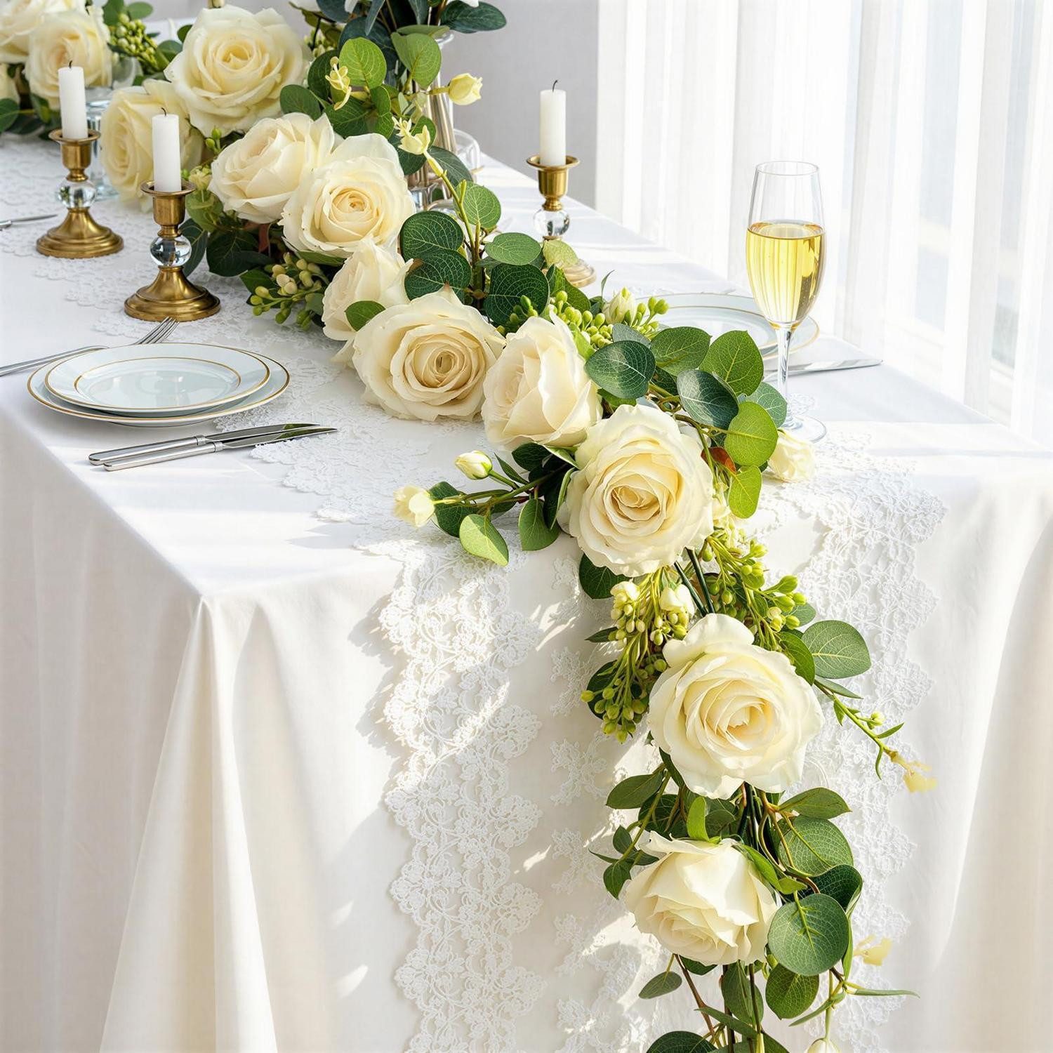 Kunstgirlande Girlande Eukalyptus/Rose 2x4M Champagner, LuxusKollektion, Höhe 5 cm