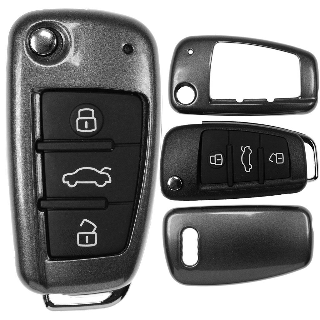 mt-key Schlüsseltasche Autoschlüssel Hardcover Schutzhülle Metallic Grau,  für Audi A1 8X S1 A3 8P S3 A6 4F S6 Q7 Klappschlüssel