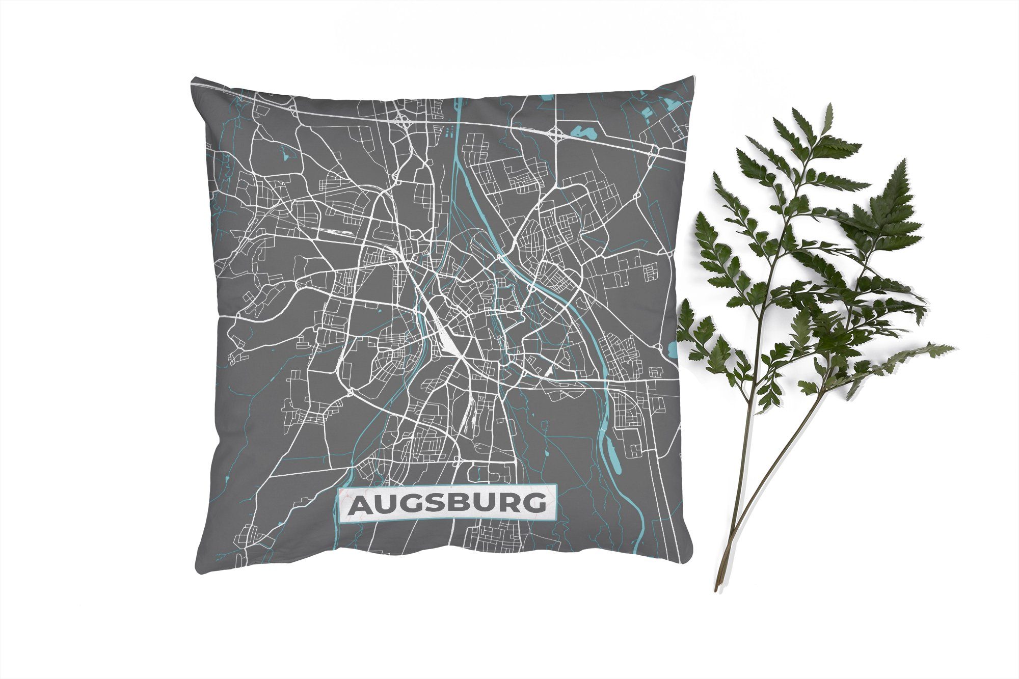 MuchoWow Dekokissen Stadtplan - Deutschland - Blau - Augsburg - Karte, Zierkissen mit Füllung für Wohzimmer, Schlafzimmer, Deko, Sofakissen