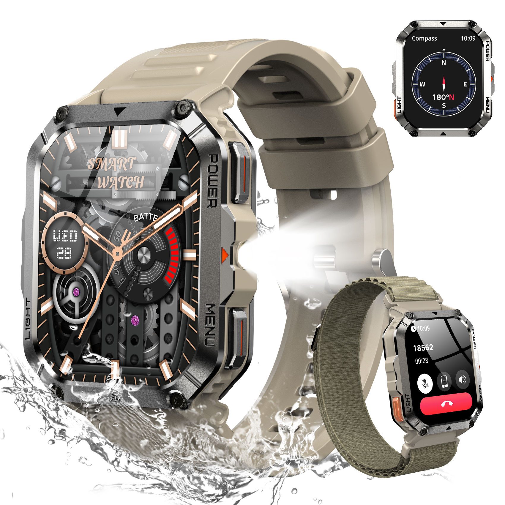 blackview Militär-Smartwatch Herren mit 900mAh Akku/LED-Taschenlampe/Kompass/SOS Smartwatch (2.01 Zoll, iOS/Android), 2×Riemen (Silikonband + gewebtes Band) 1×magnetisches Ladekabel, Herzfrequenz,SpO₂& Schlafüberwachung,100+ Sportmodi,Schrittzähler,IP68